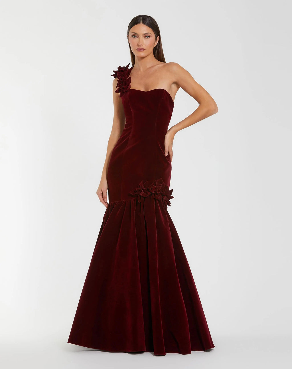 Dark Red One Shoulder Velvet Trumpet Gown With 3D Flowers - Designer Collection