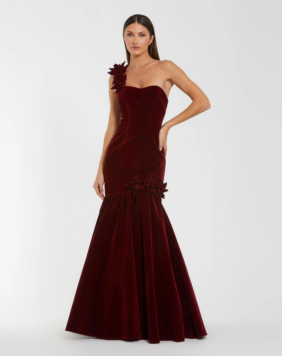 Dark Red One Shoulder Velvet Trumpet Gown With 3D Flowers - Designer Collection