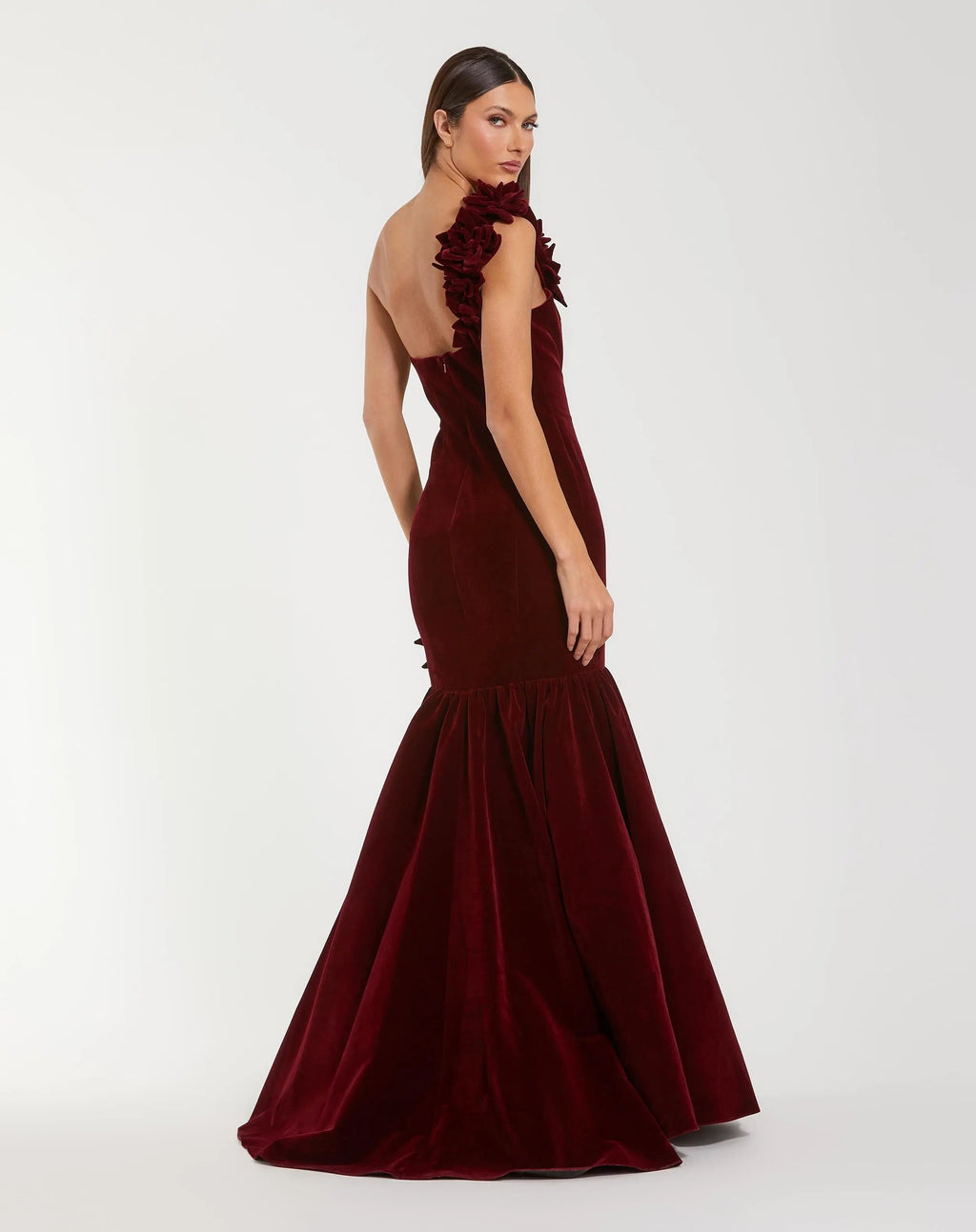 Dark Red One Shoulder Velvet Trumpet Gown With 3D Flowers - Designer Collection