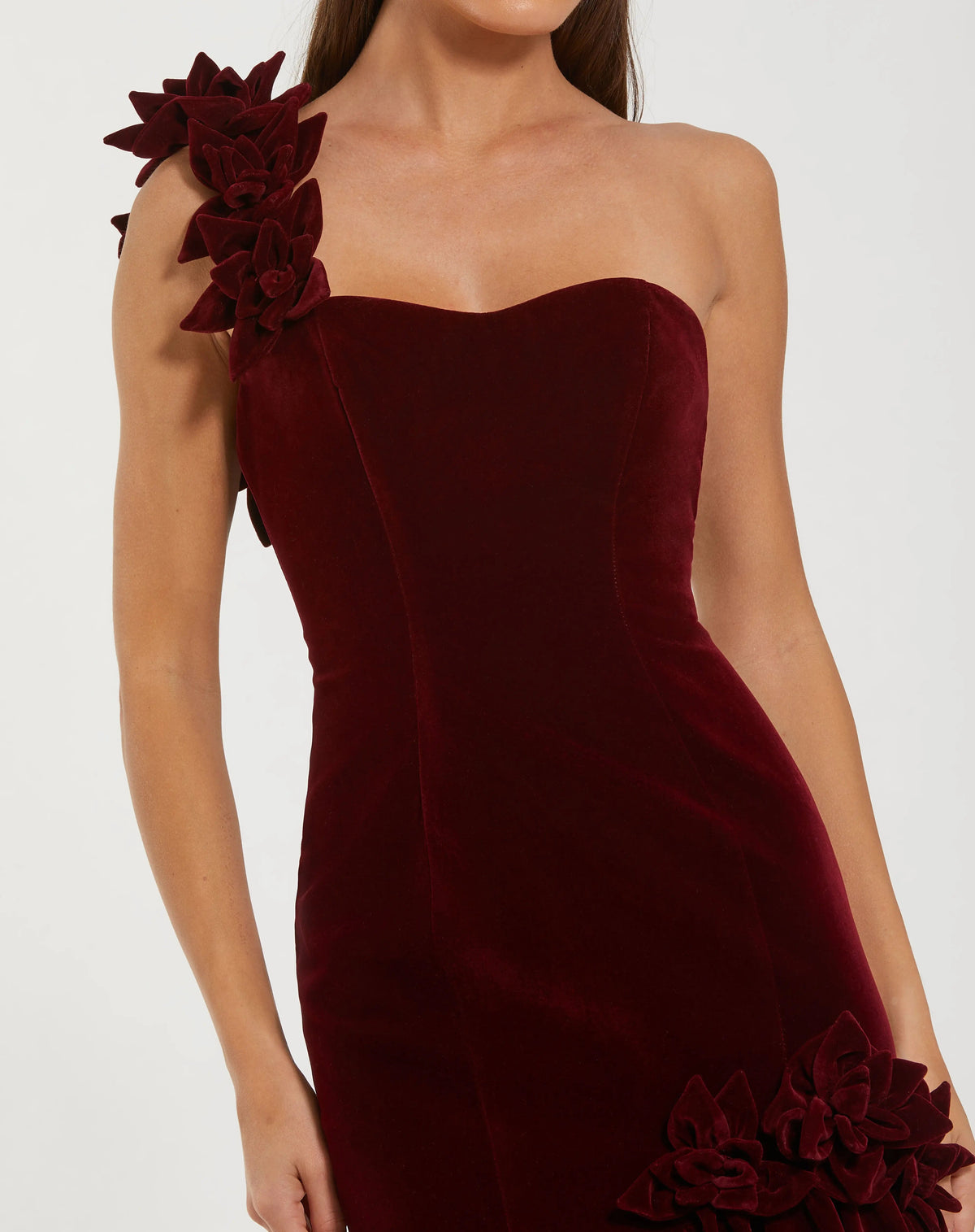 Dark Red One Shoulder Velvet Trumpet Gown With 3D Flowers - Designer Collection