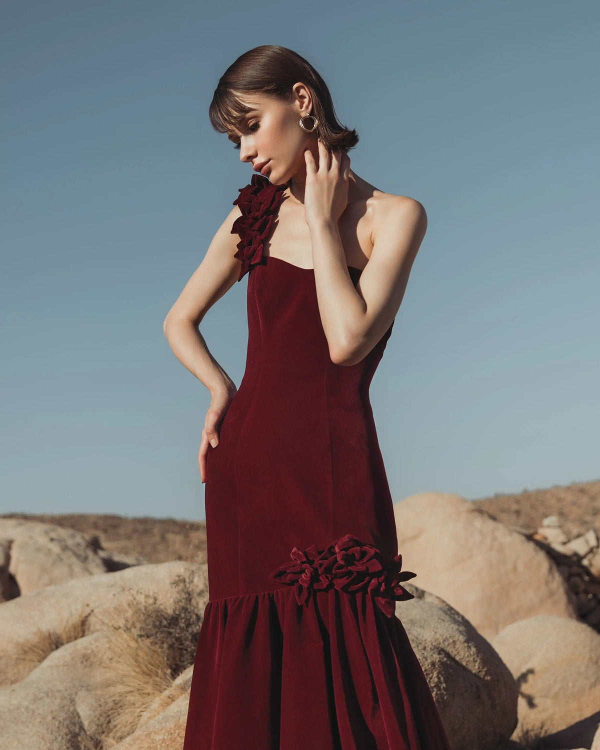 Dark Red One Shoulder Velvet Trumpet Gown With 3D Flowers - Designer Collection