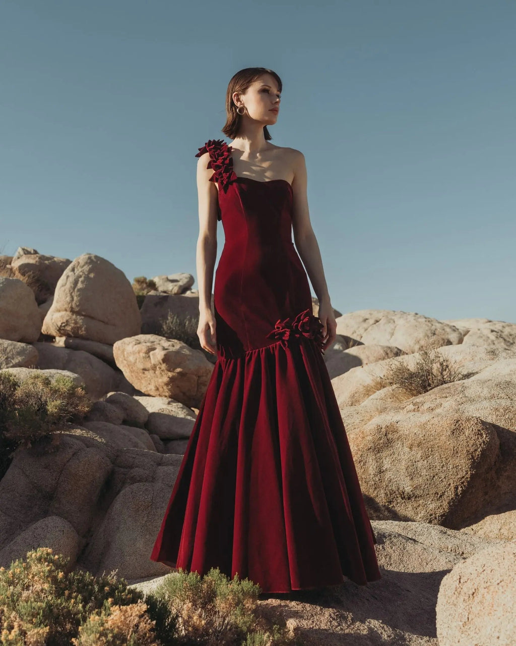 Dark Red One Shoulder Velvet Trumpet Gown With 3D Flowers - Designer Collection