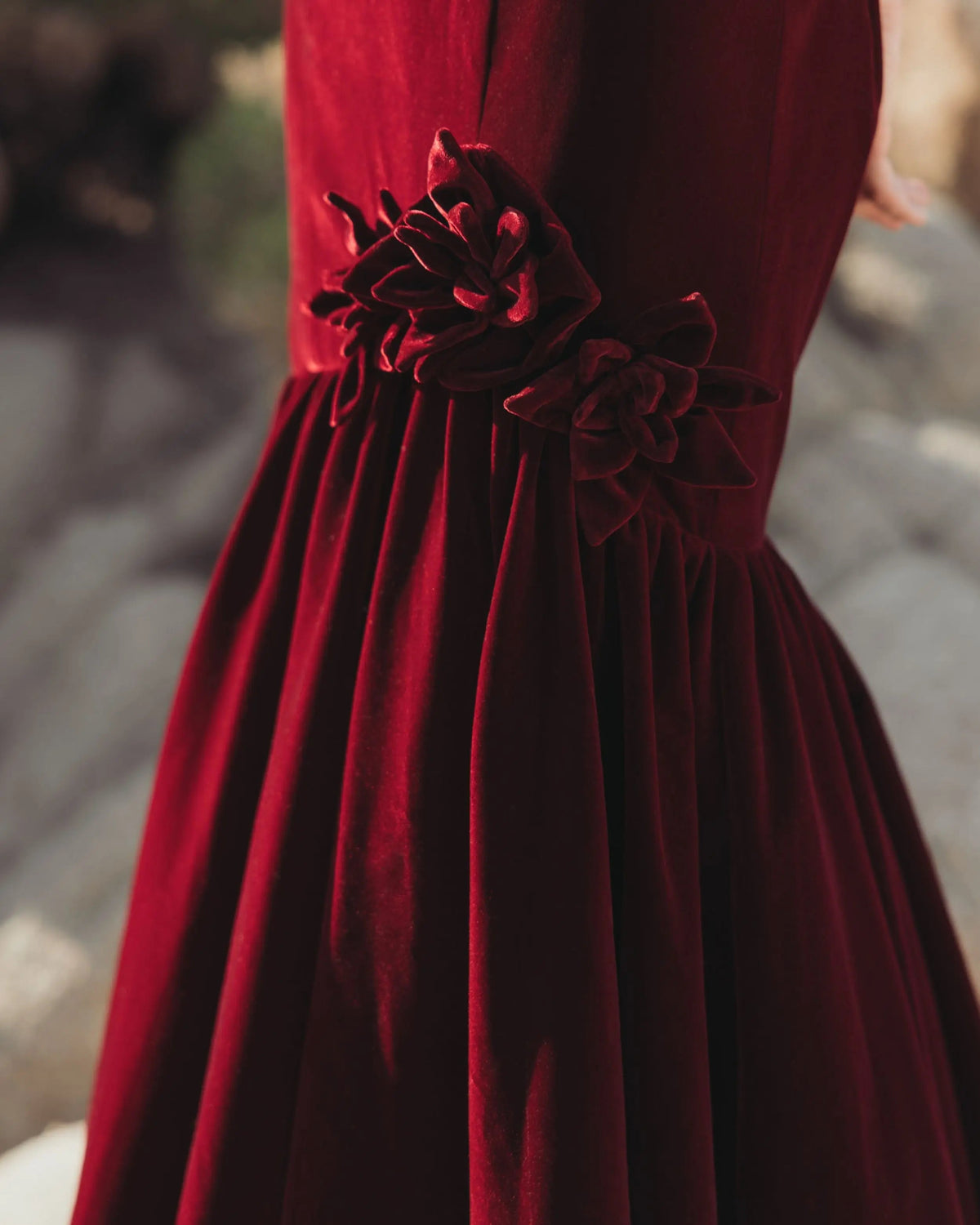 Dark Red One Shoulder Velvet Trumpet Gown With 3D Flowers - Designer Collection