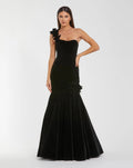 Black Velvet One Shoulder Trumpet Gown With Flowers - Designer Collection