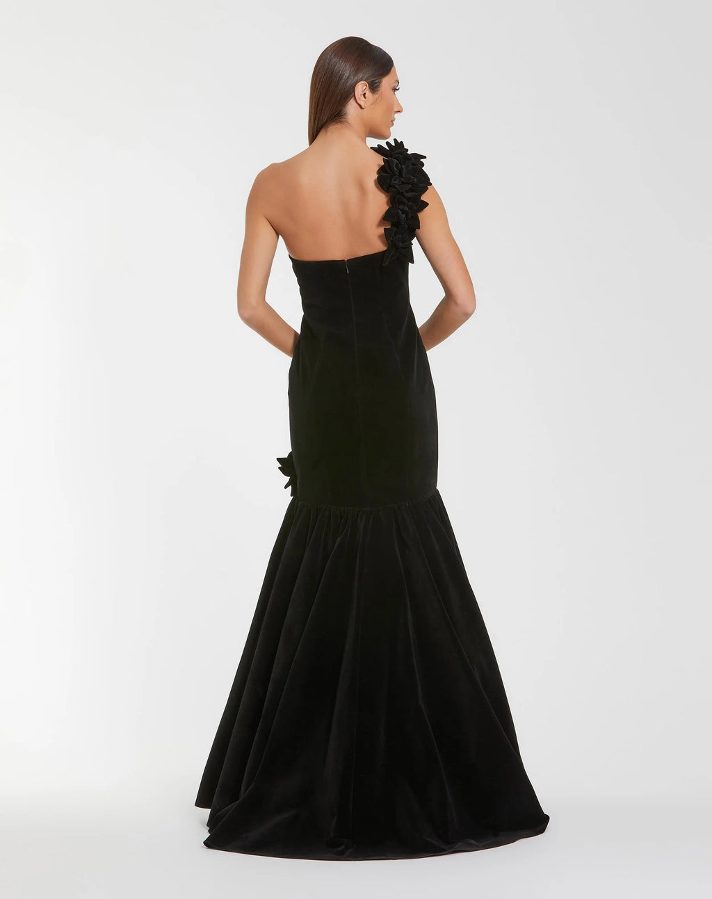 Black Velvet One Shoulder Trumpet Gown With Flowers - Designer Collection