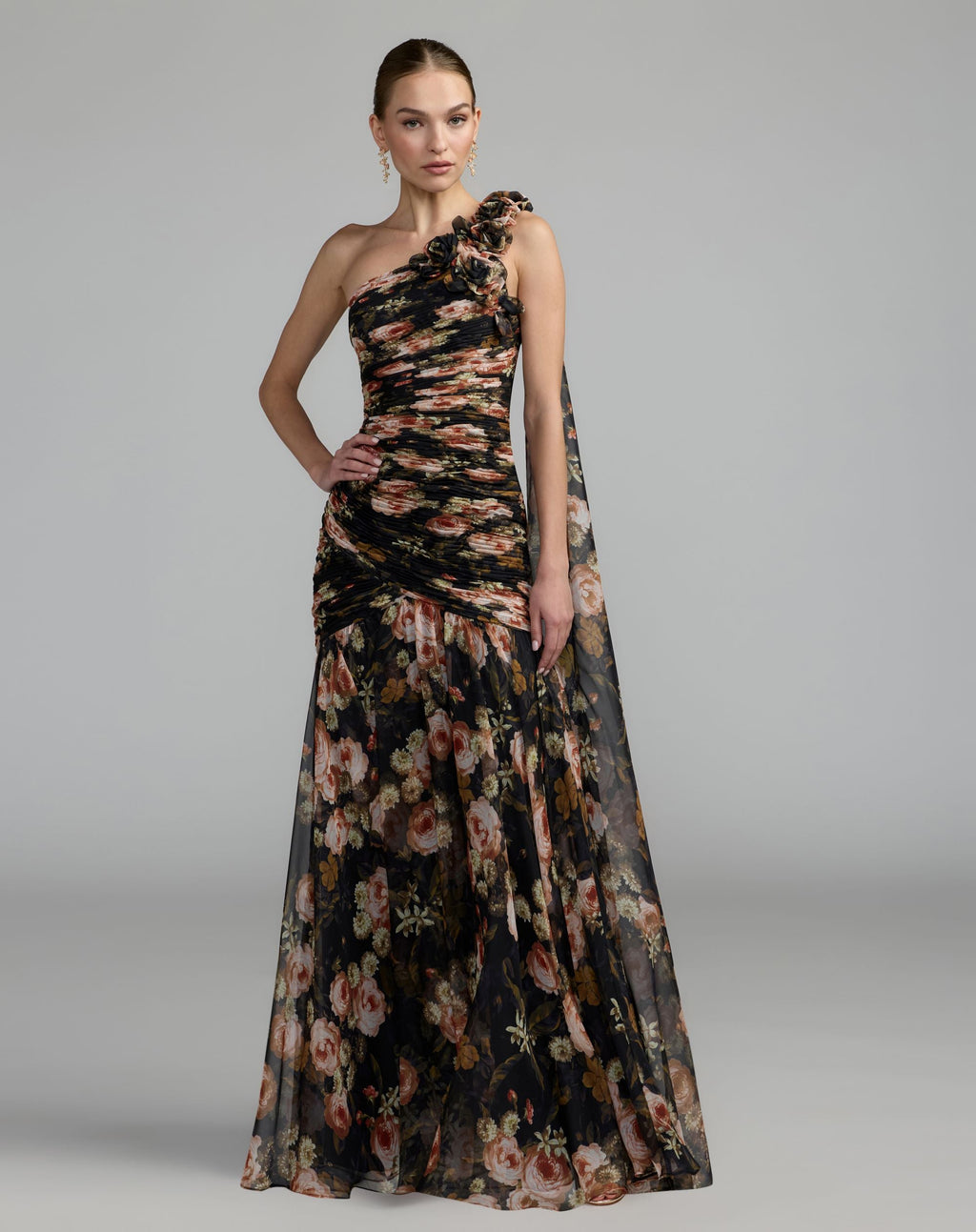 Black One Shoulder Floral Printed Chiffon Gown - Contemporary Collection