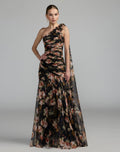 Black One Shoulder Floral Printed Chiffon Gown - Contemporary Collection