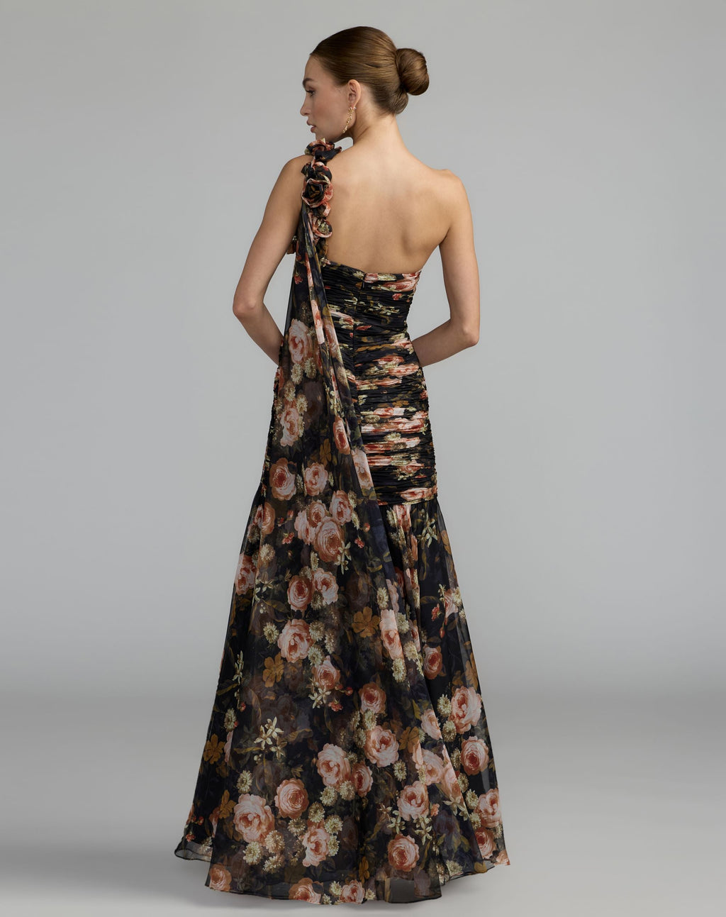 Black One Shoulder Floral Printed Chiffon Gown - Contemporary Collection
