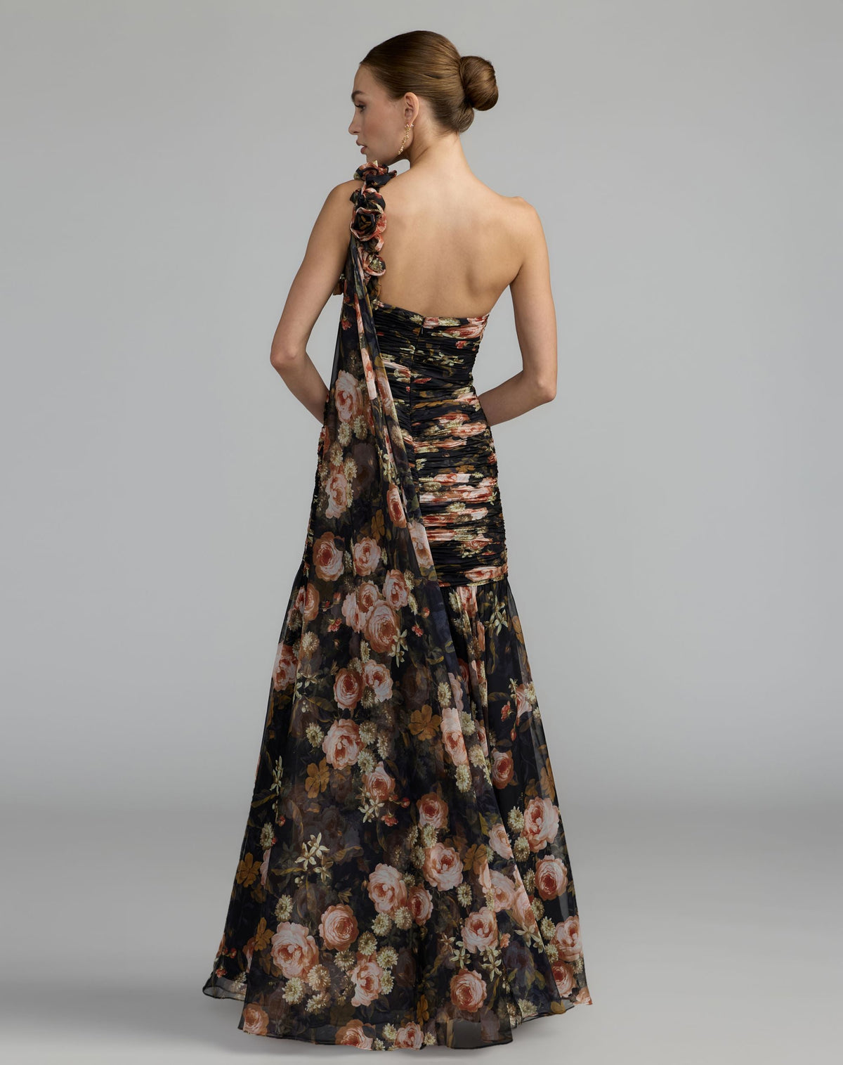 Black One Shoulder Floral Printed Chiffon Gown - Contemporary Collection
