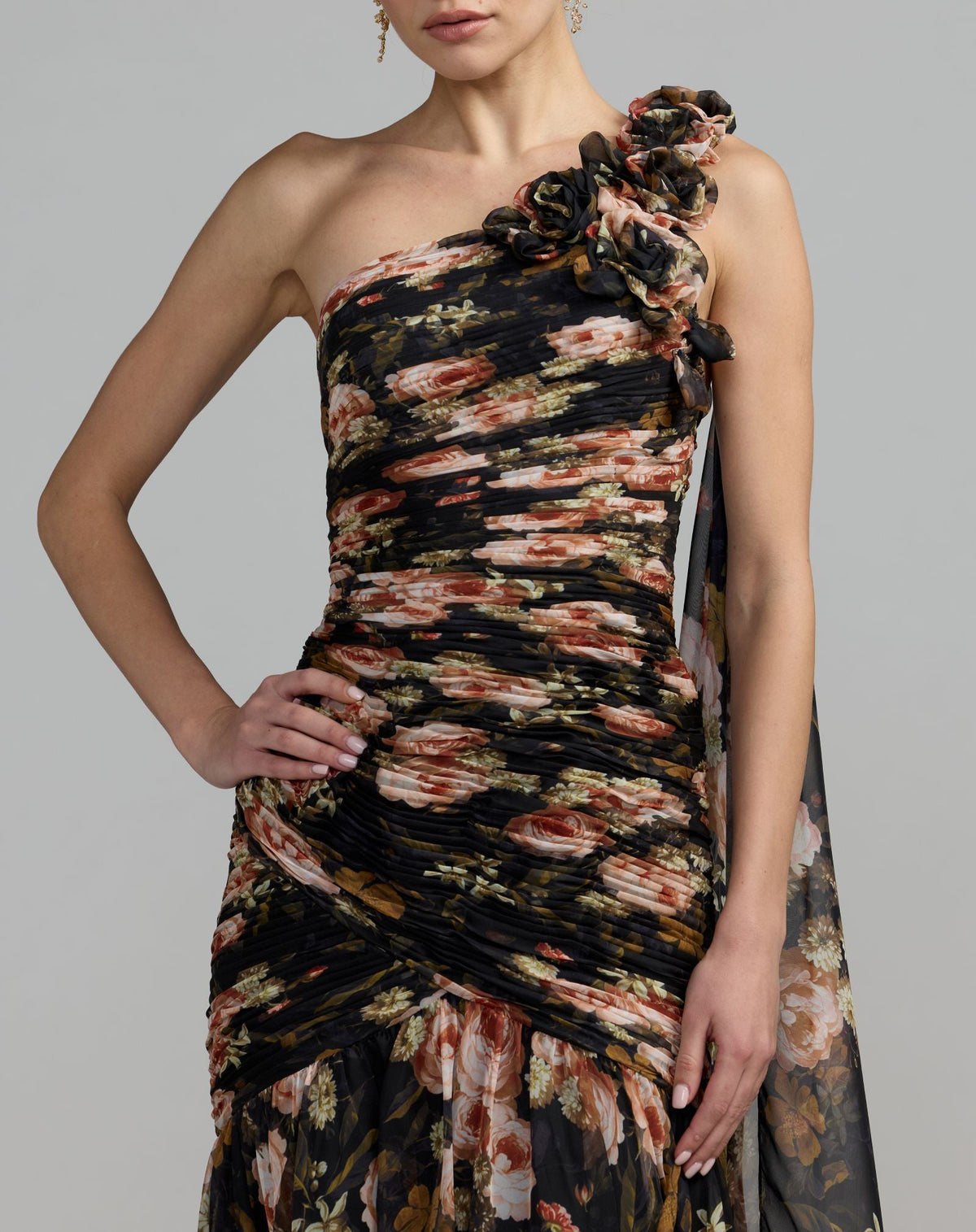 Black One Shoulder Floral Printed Chiffon Gown - Contemporary Collection