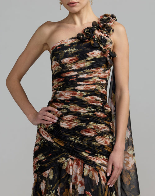 Black One Shoulder Floral Printed Chiffon Gown - Contemporary Collection