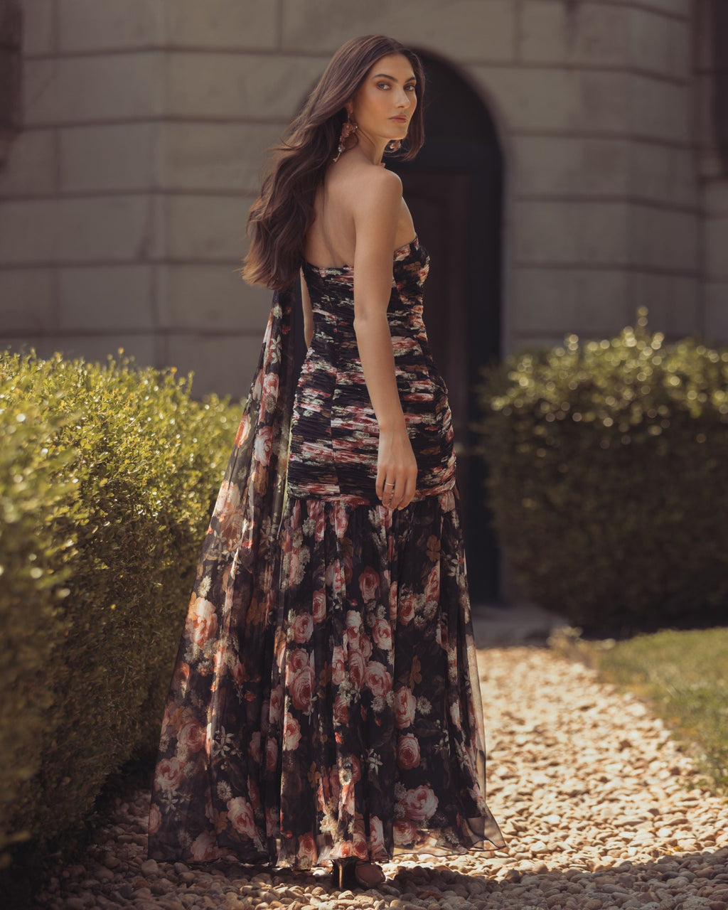 Black One Shoulder Floral Printed Chiffon Gown