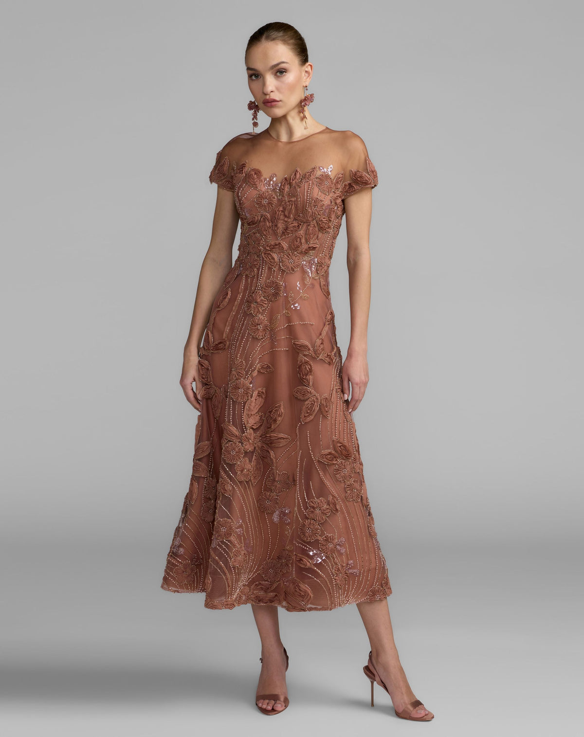 Brown Embellished Lace Illusion Cocktail Dress - Designer Collection