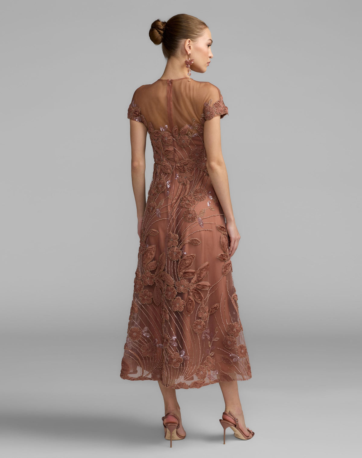 Brown Embellished Lace Illusion Cocktail Dress - Designer Collection