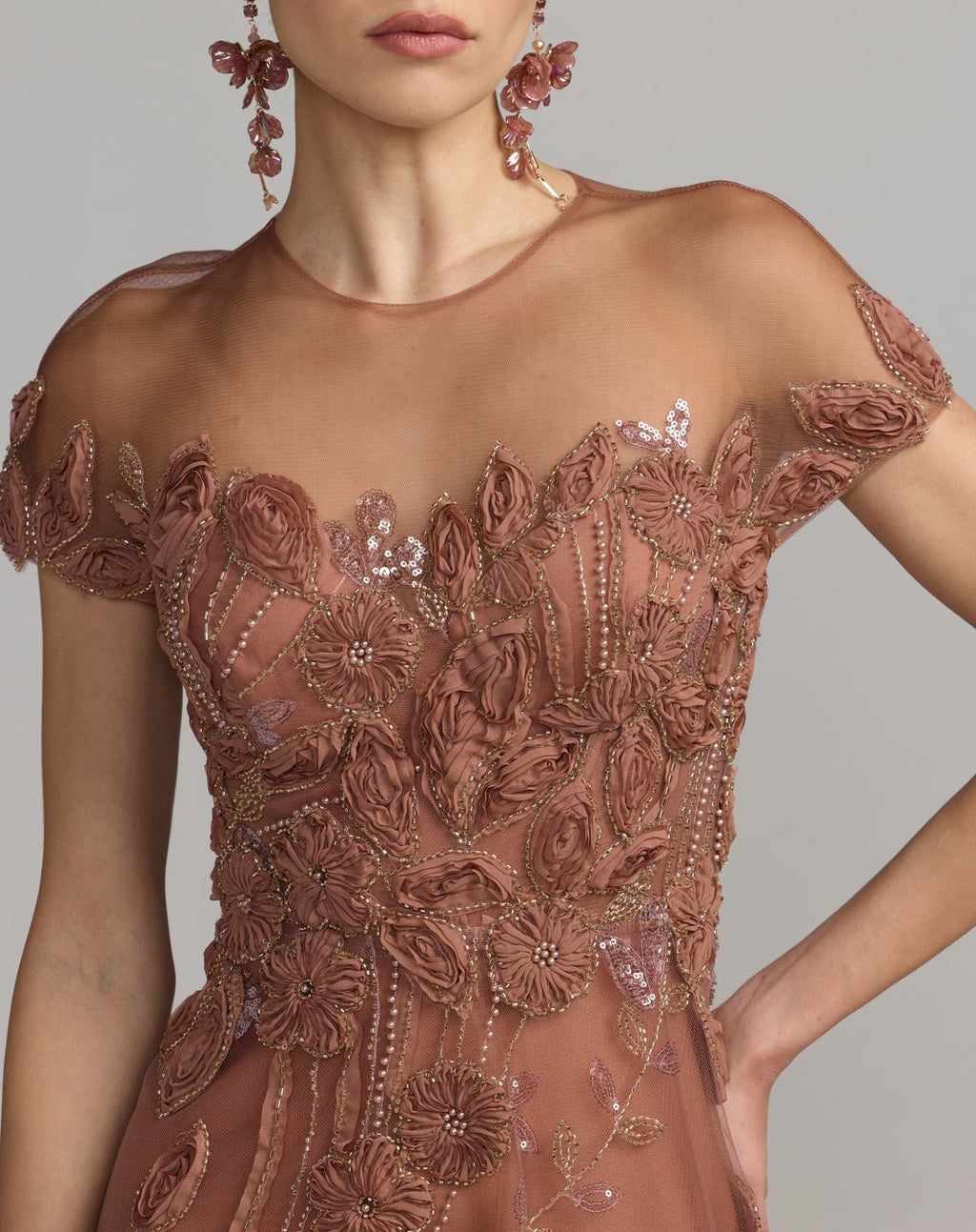 Brown Embellished Lace Illusion Cocktail Dress - Designer Collection