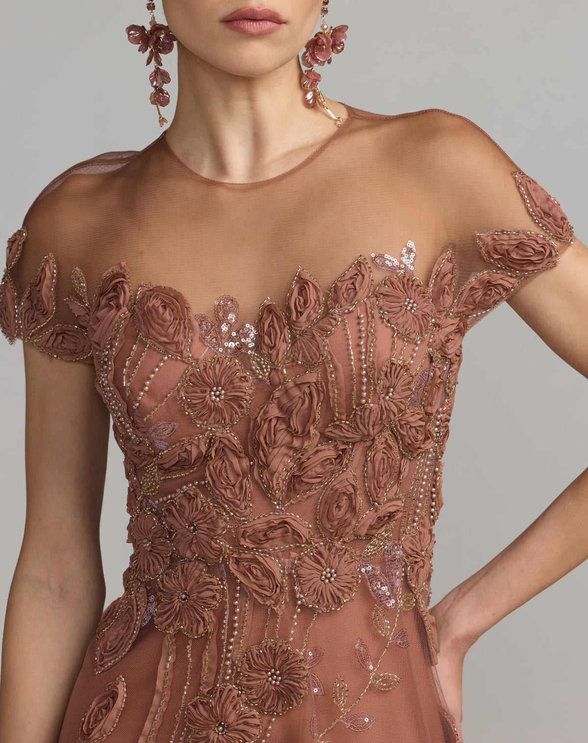 Brown Embellished Lace Illusion Cocktail Dress - Designer Collection