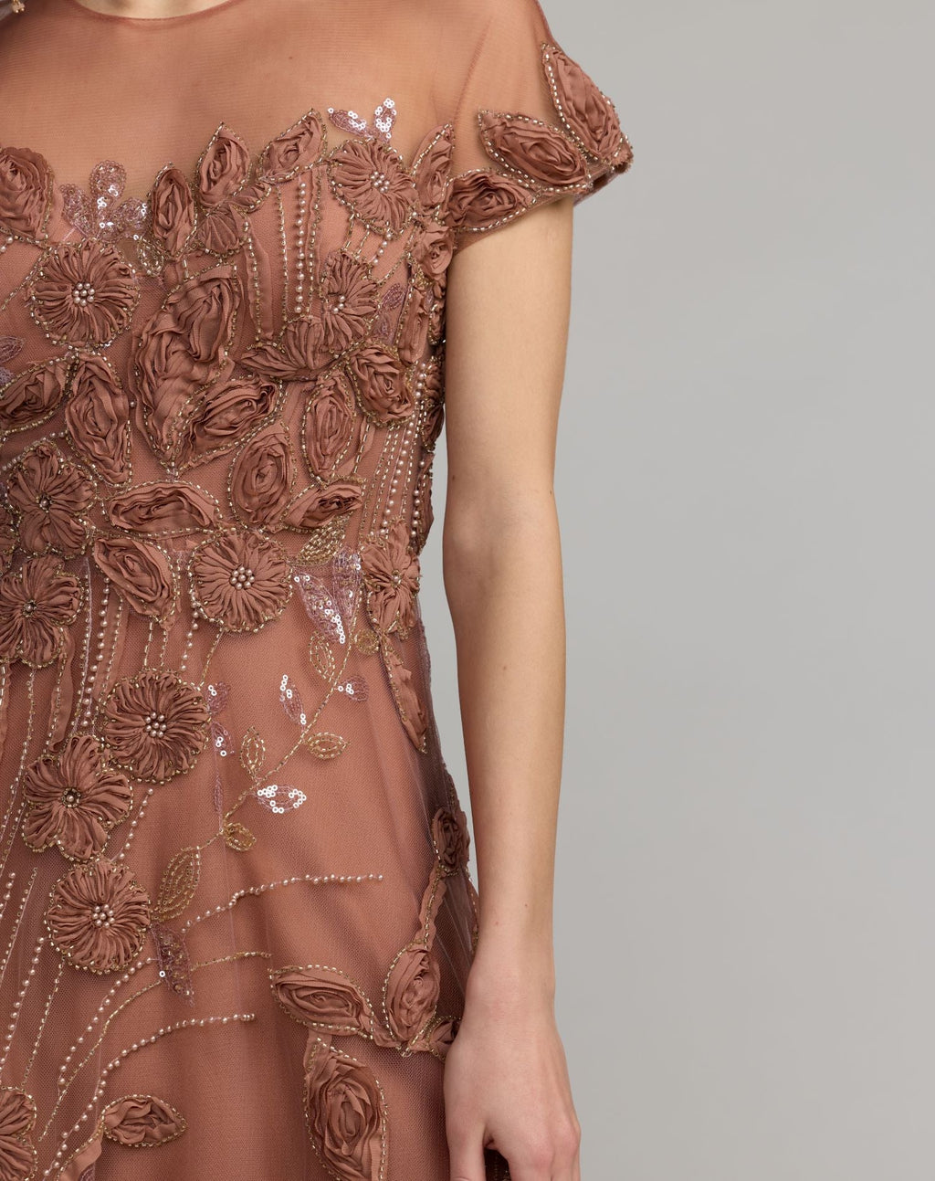 Brown Embellished Lace Illusion Cocktail Dress - Designer Collection