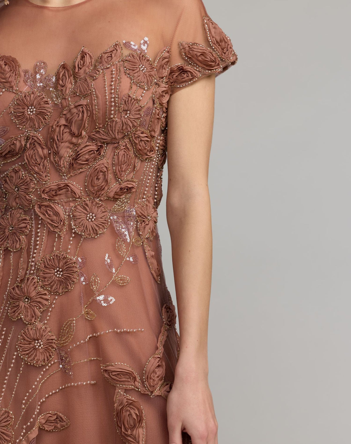 Brown Embellished Lace Illusion Cocktail Dress - Designer Collection