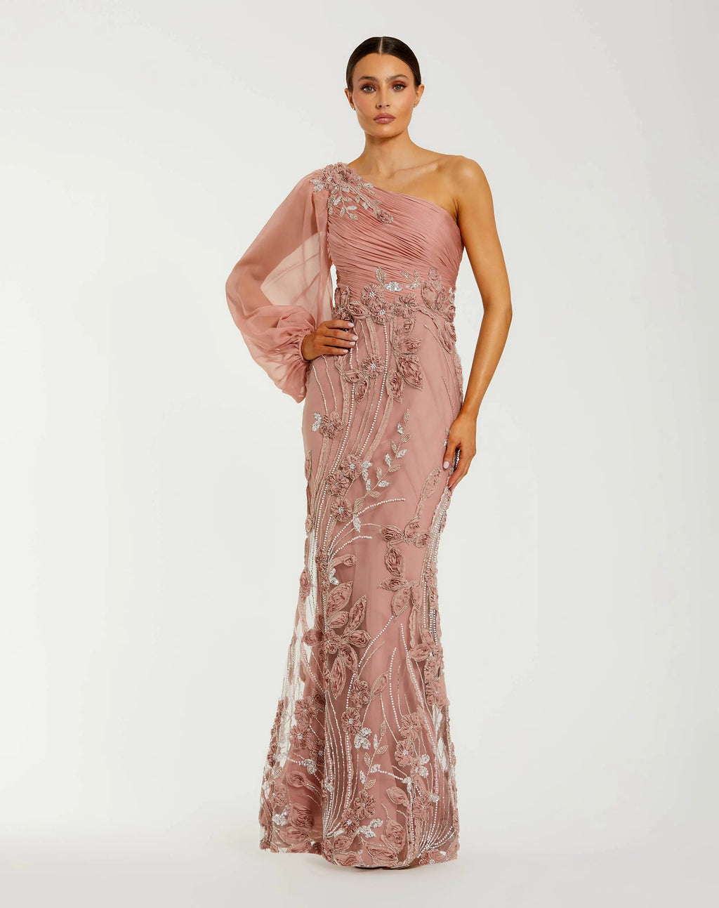 Pink One Sleeve Chiffon Embellished Gown Designer Collection