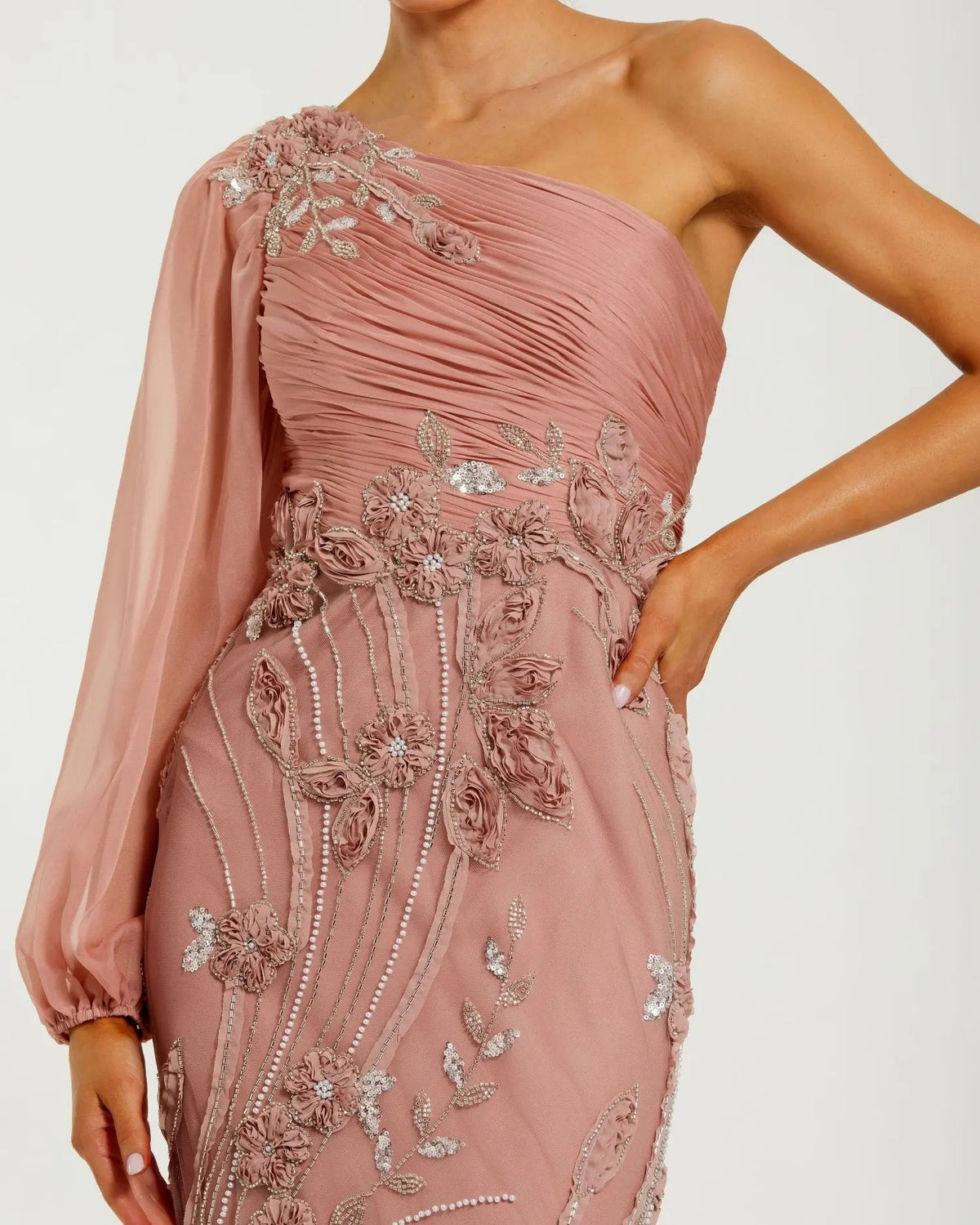 Pink One Sleeve Chiffon Embellished Gown Designer Collection