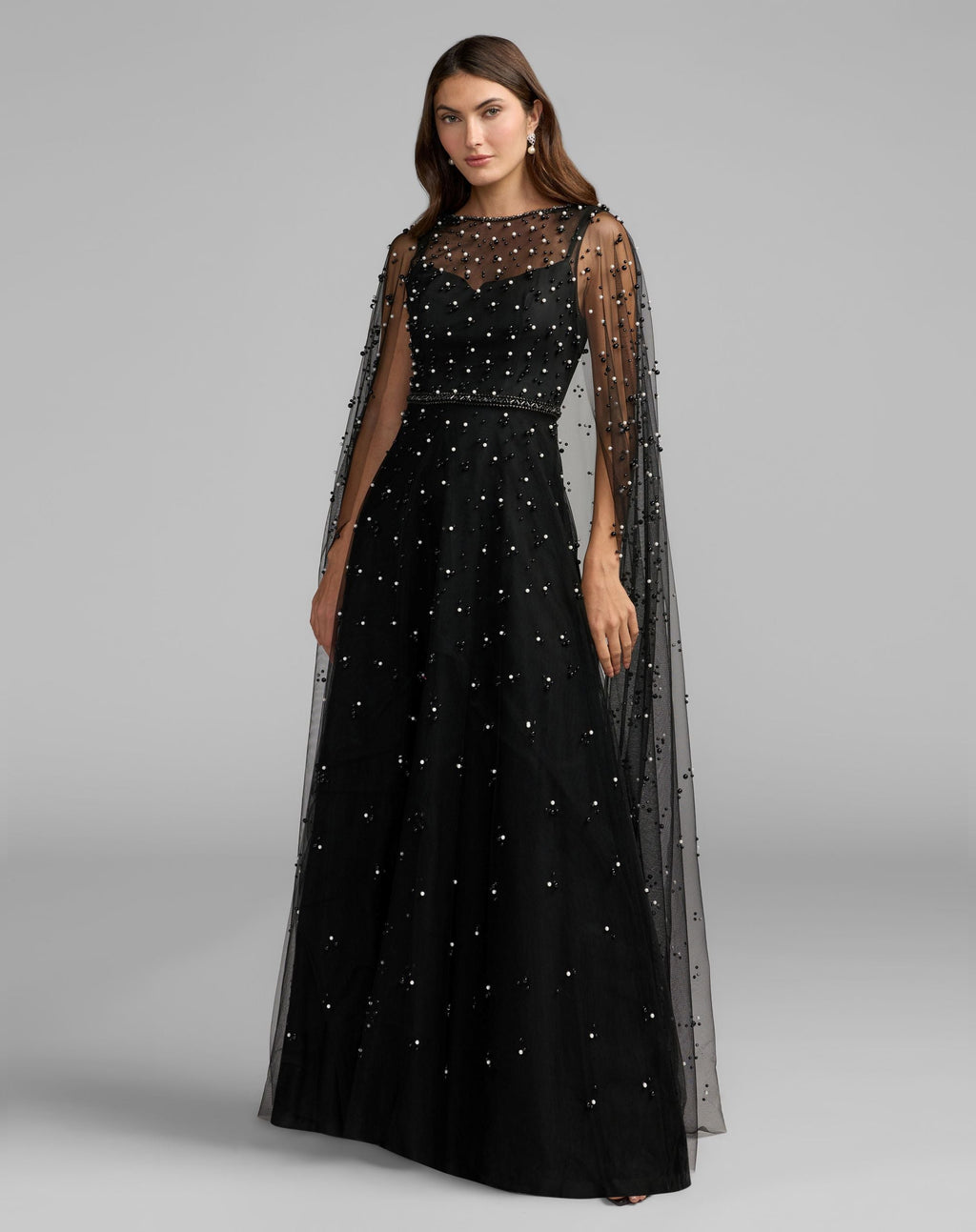 Black Pearl Embellished Tulle A-Line Gown With Cape - Designer Collection