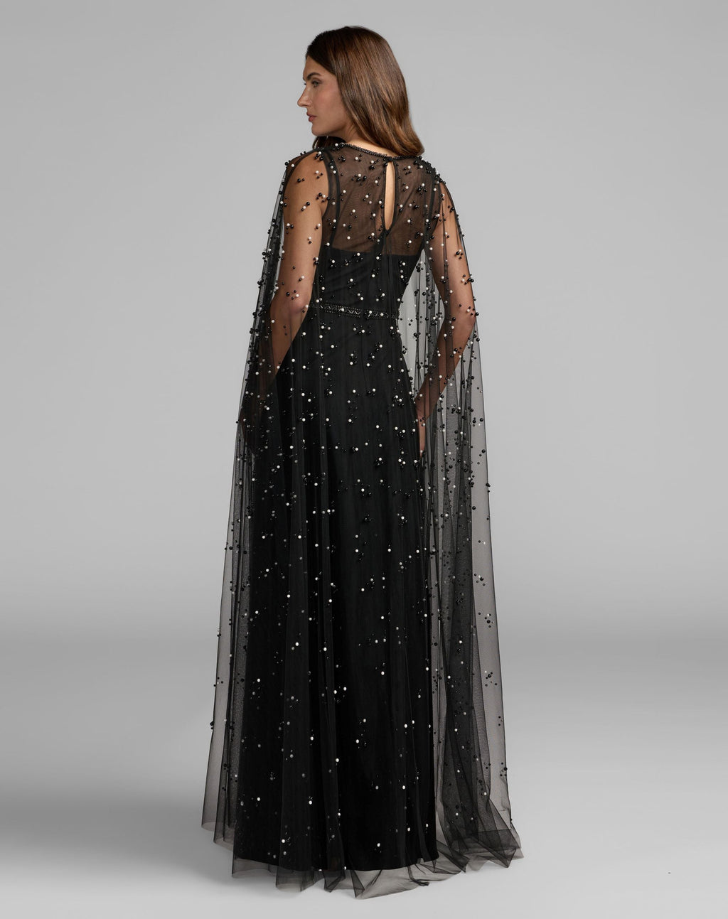 Black Pearl Embellished Tulle A-Line Gown With Cape - Designer Collection