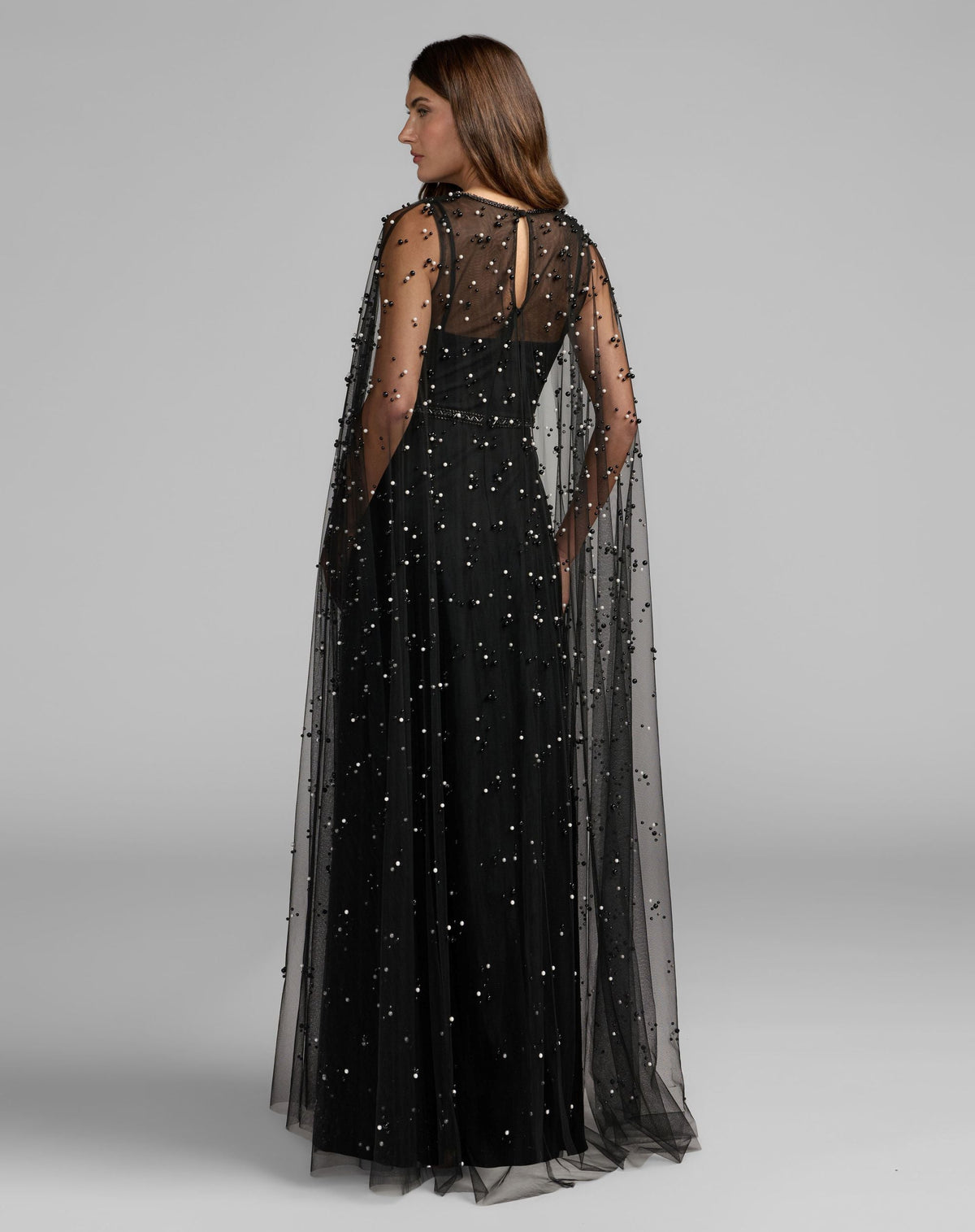 Black Pearl Embellished Tulle A-Line Gown With Cape - Designer Collection