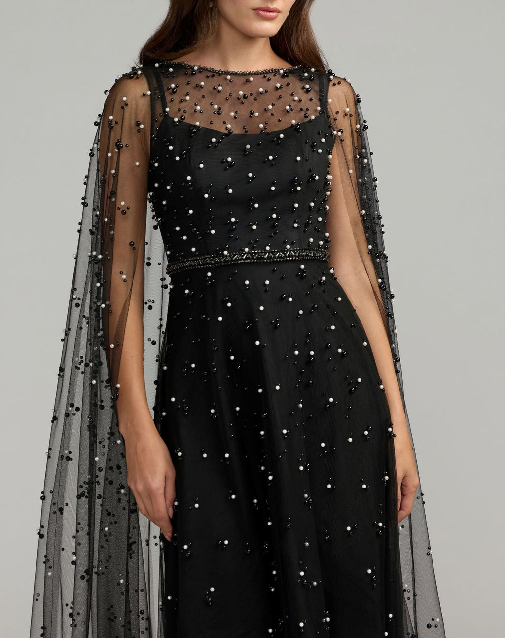 Black Pearl Embellished Tulle A-Line Gown With Cape - Designer Collection