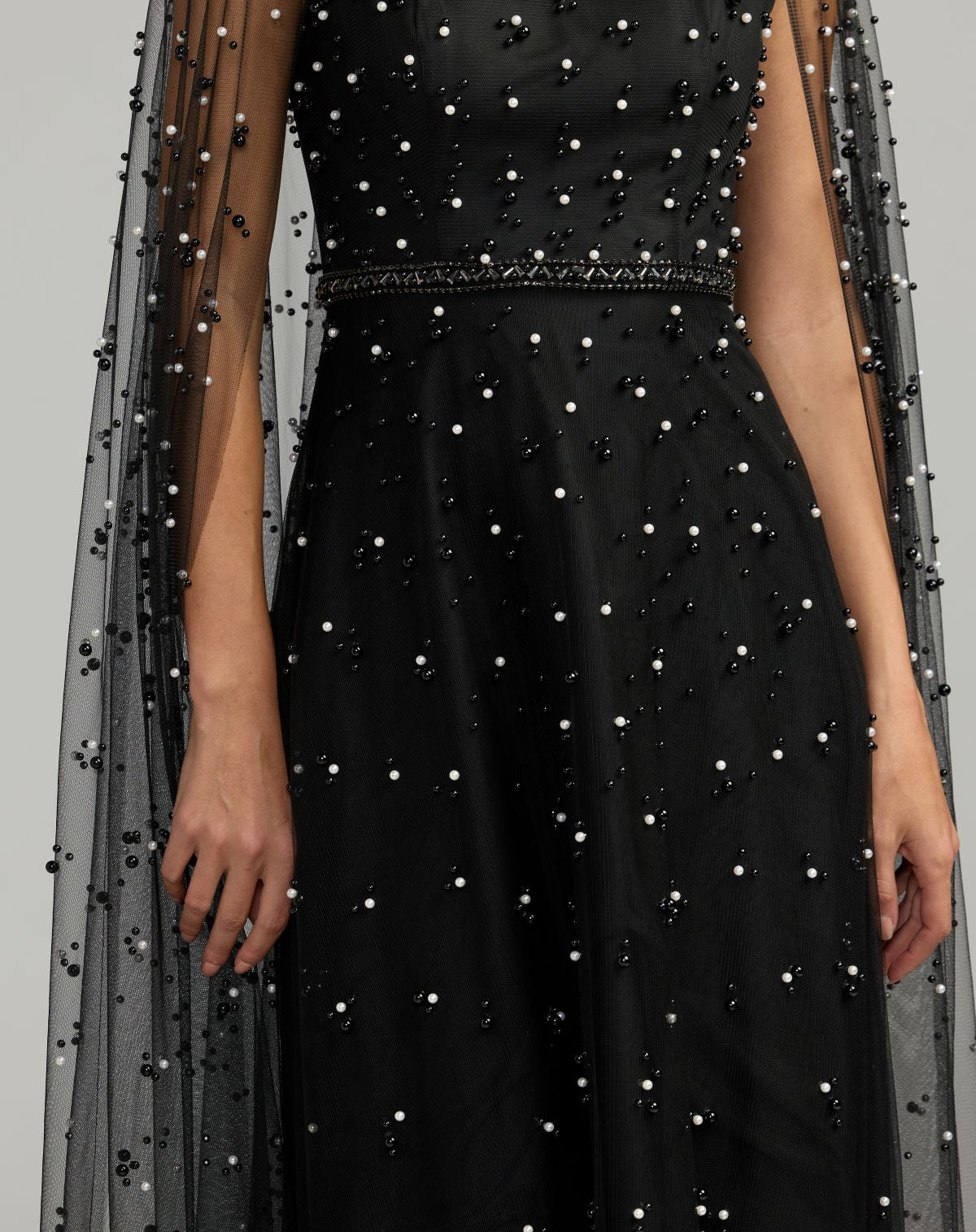 Black Pearl Embellished Tulle A-Line Gown With Cape - Designer Collection