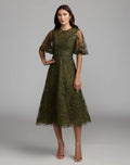 Deep Green Flutter Sleeve Embroidered Midi Dress Designer Collection