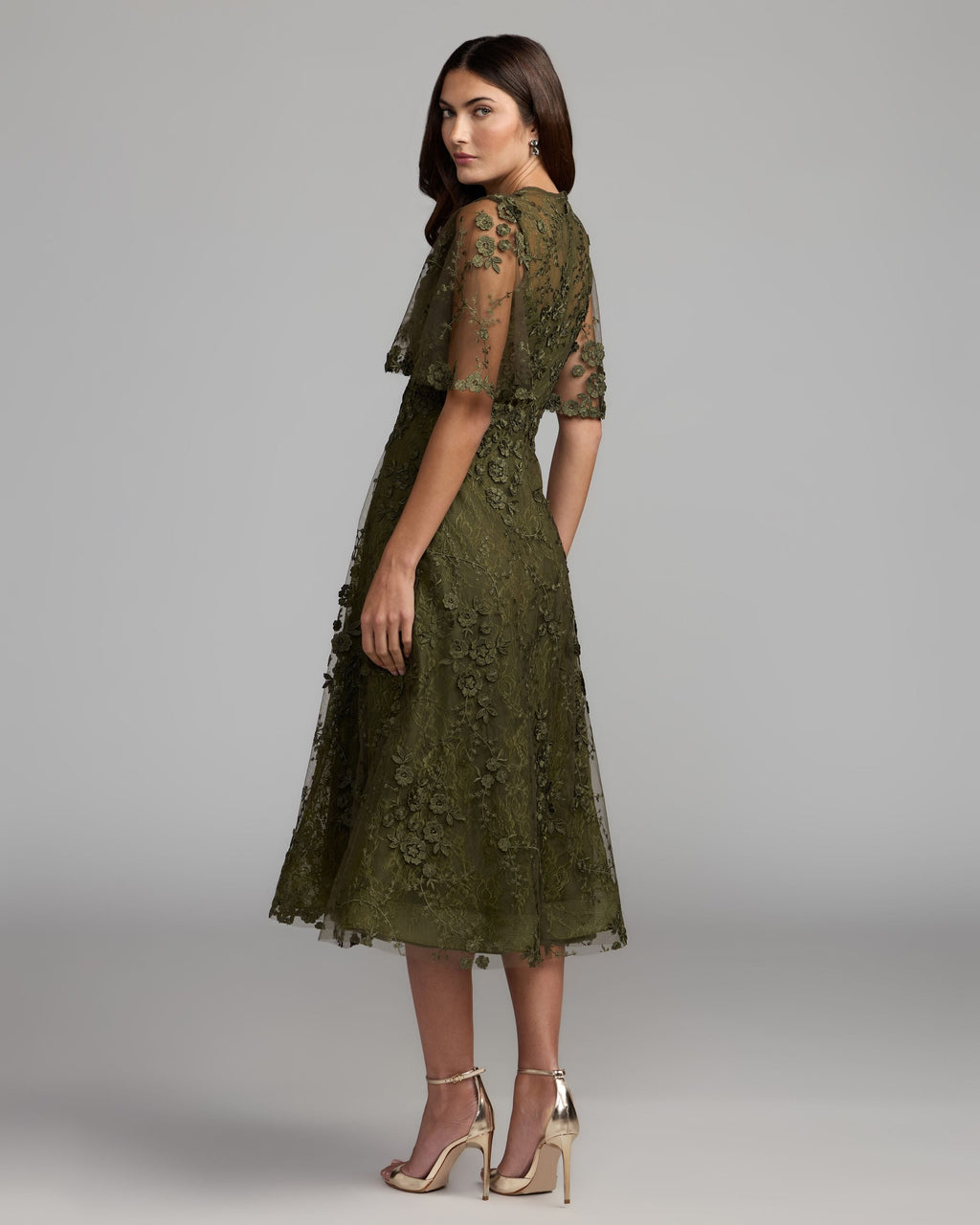 Deep Green Flutter Sleeve Embroidered Midi Dress Designer Collection