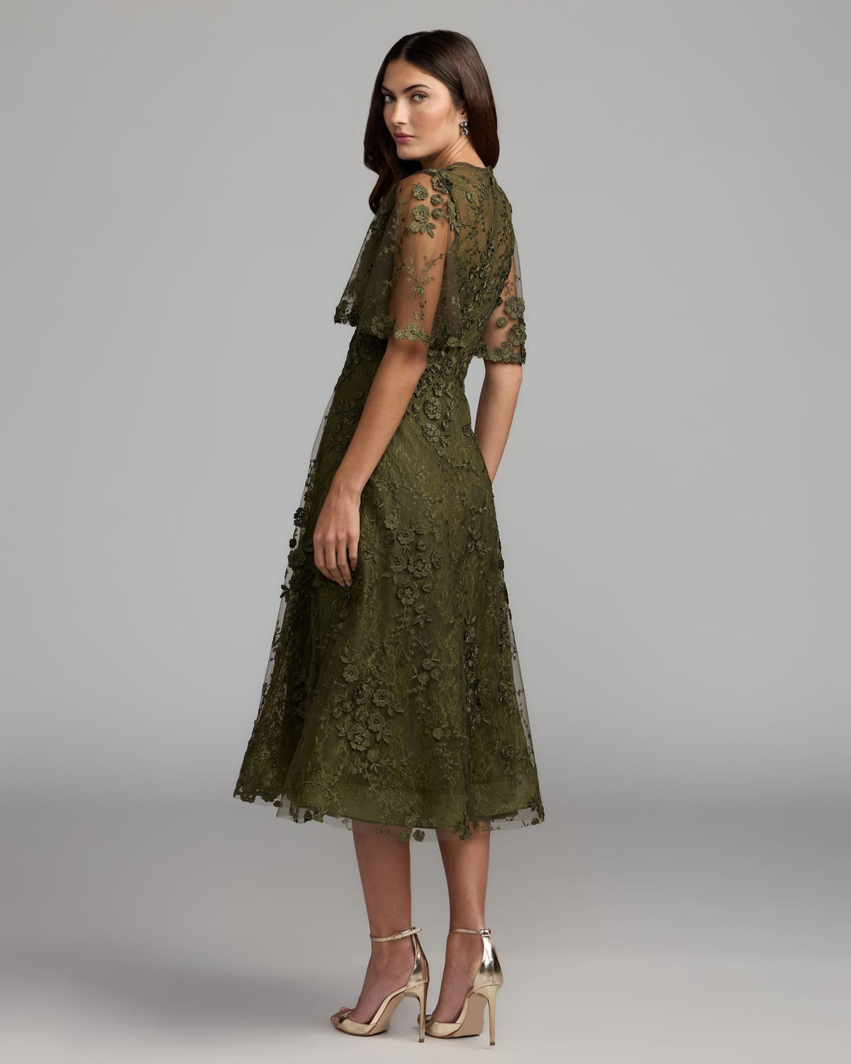 Deep Green Flutter Sleeve Embroidered Midi Dress Designer Collection