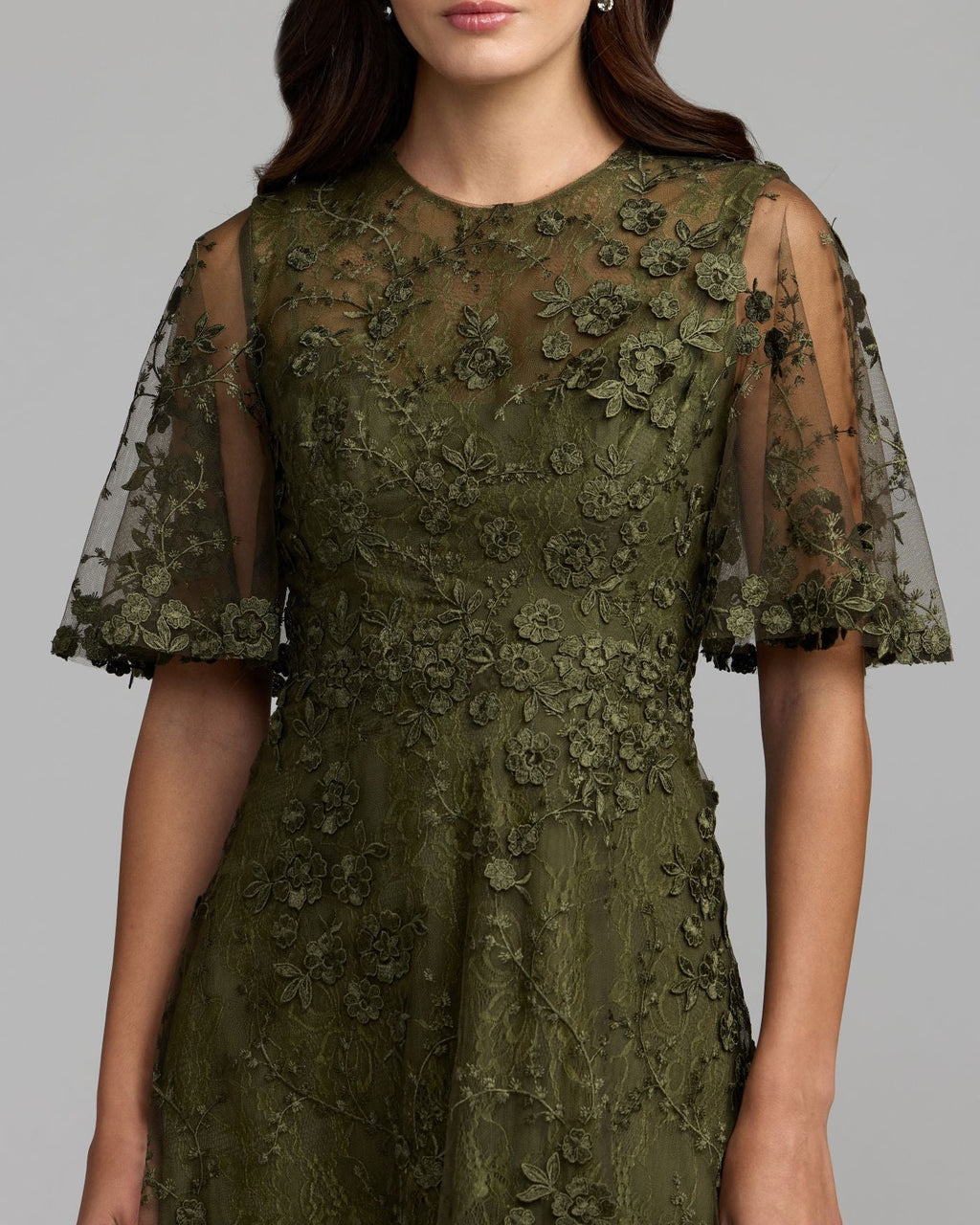 Deep Green Flutter Sleeve Embroidered Midi Dress Designer Collection