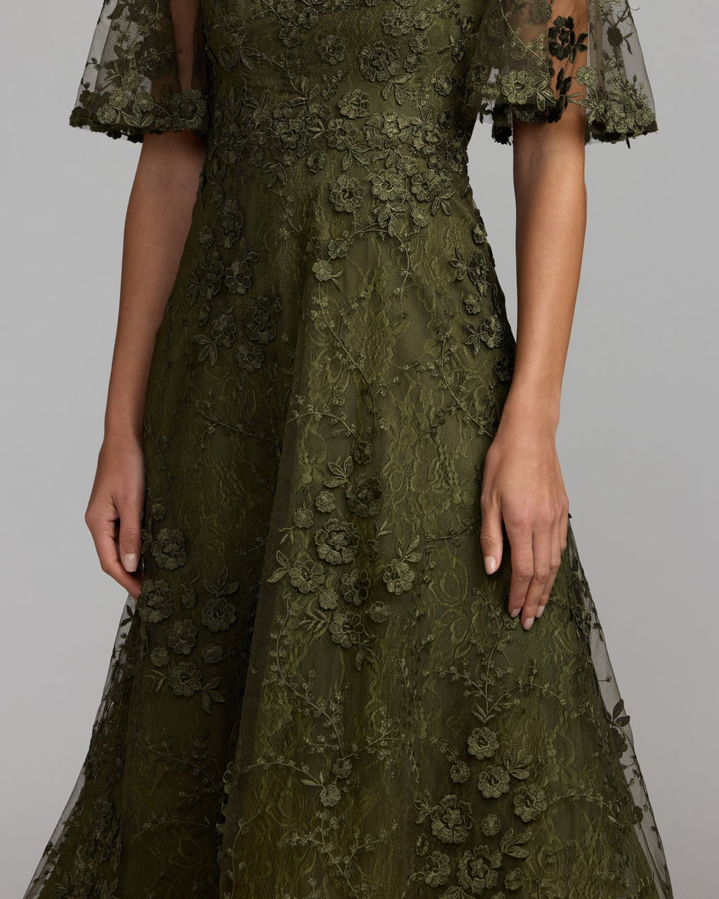 Deep Green Flutter Sleeve Embroidered Midi Dress Designer Collection
