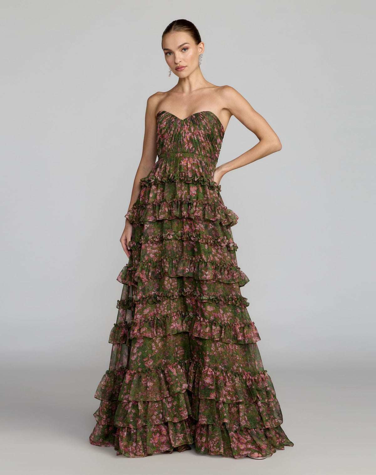 Green Strapless Floral Ruffle Ballgown - Contemporary Collection