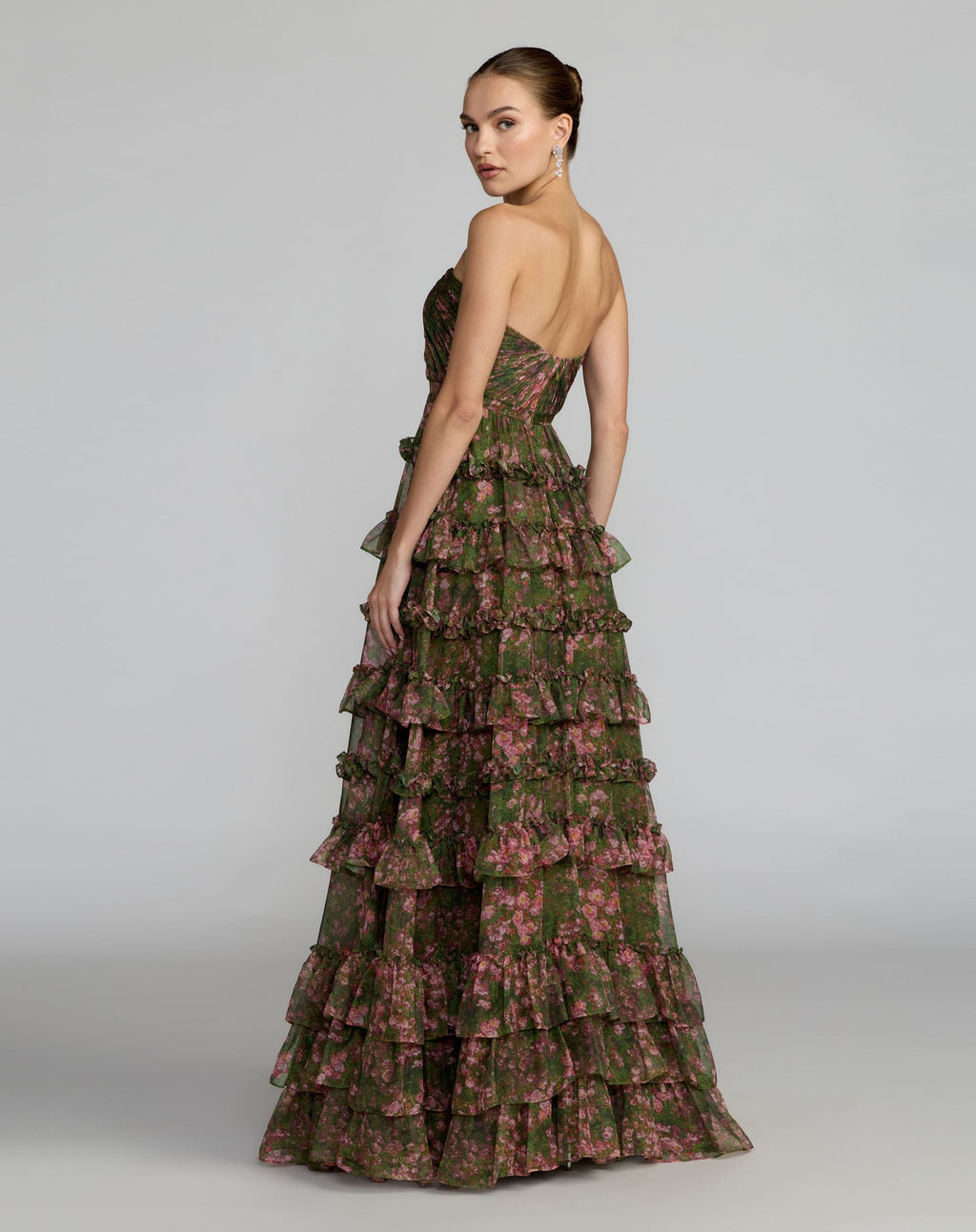 Green Strapless Floral Ruffle Ballgown - Contemporary Collection