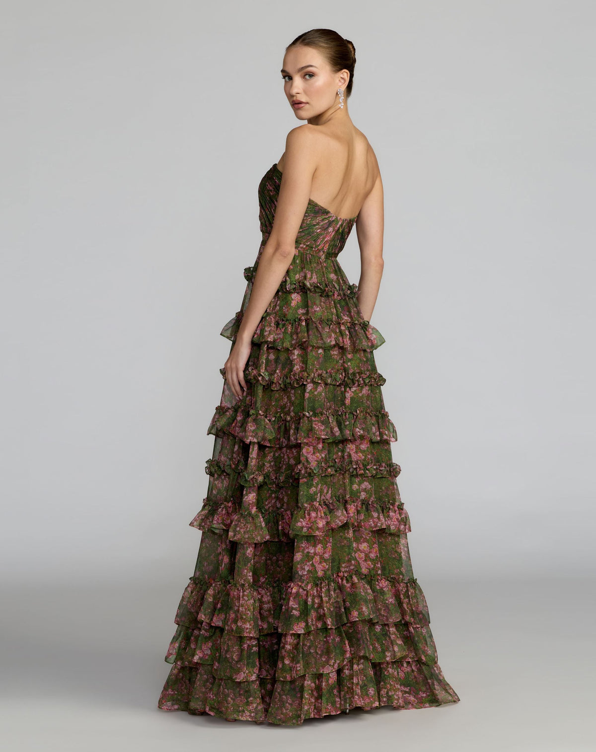 Green Strapless Floral Ruffle Ballgown - Contemporary Collection