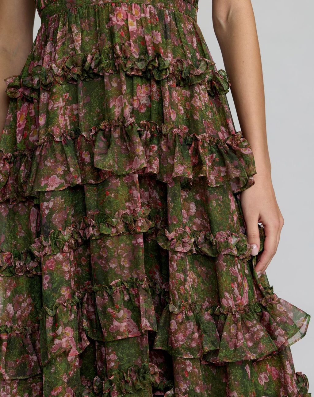 Green Strapless Floral Ruffle Ballgown - Contemporary Collection