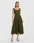 Green Sleeveless Square Neck Lace A Line Midi Dress - Designer Collection