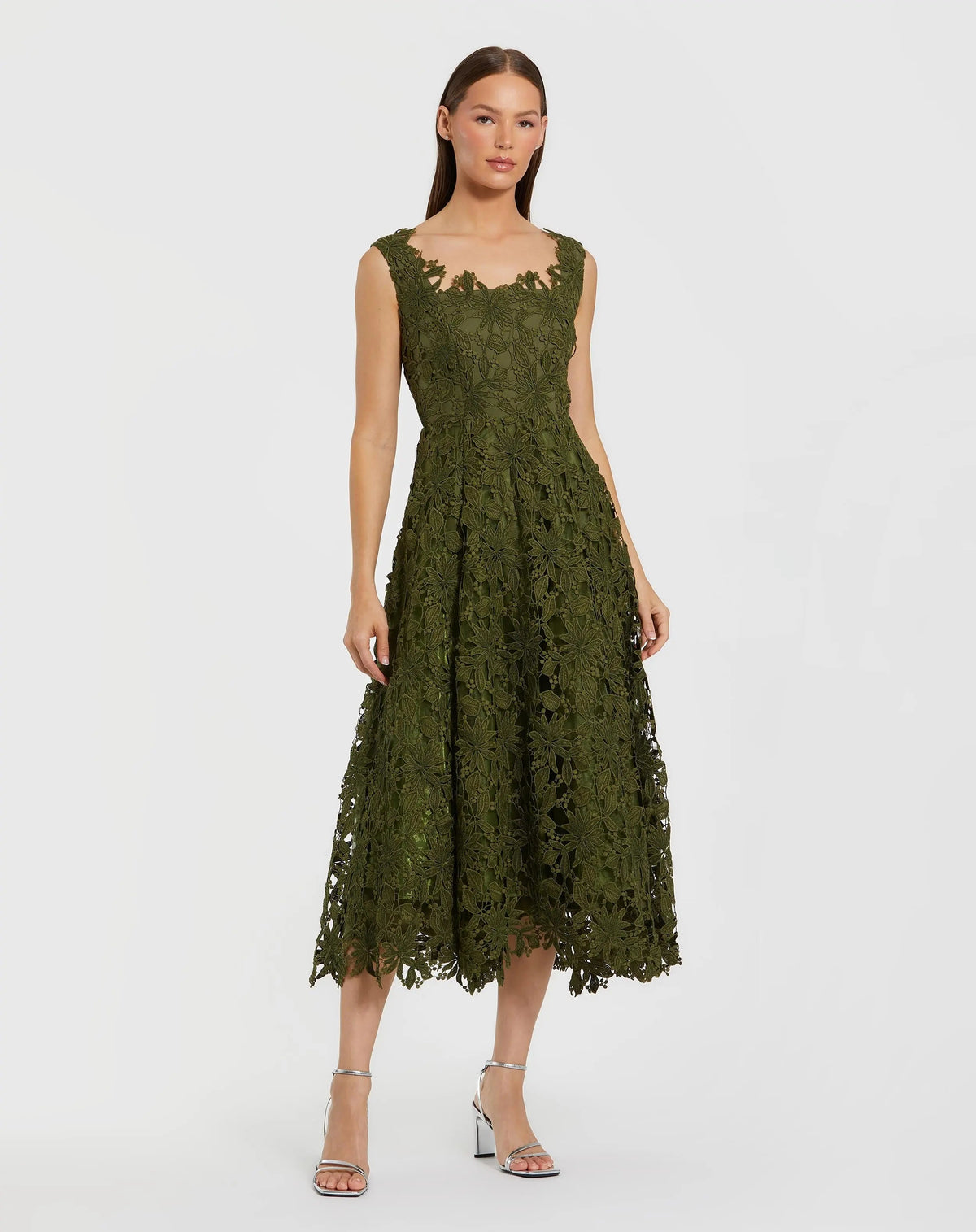 Green Sleeveless Square Neck Lace A Line Midi Dress - Designer Collection