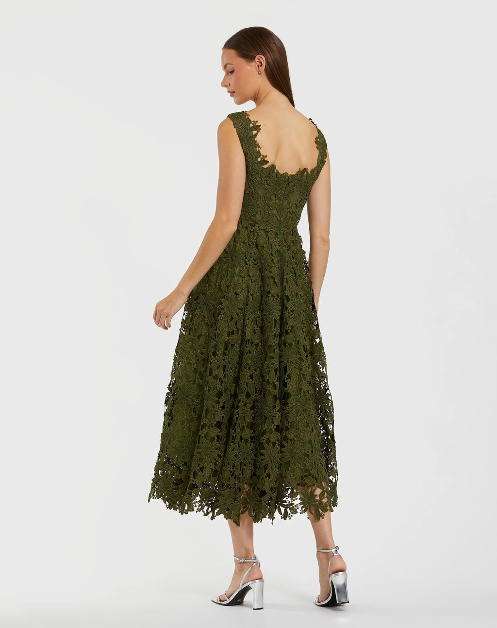 Green Sleeveless Square Neck Lace A Line Midi Dress - Designer Collection