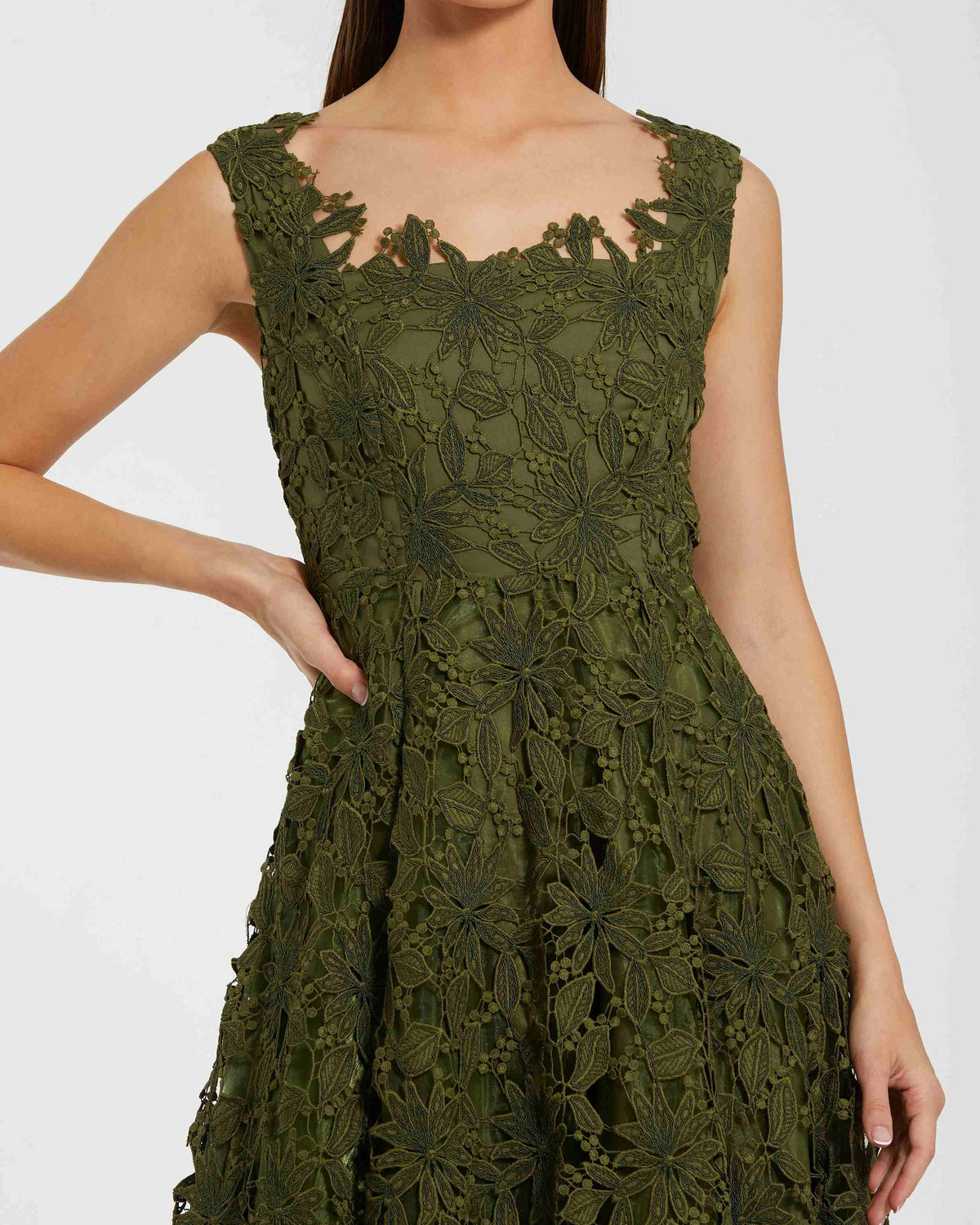 Green Sleeveless Square Neck Lace A Line Midi Dress - Designer Collection