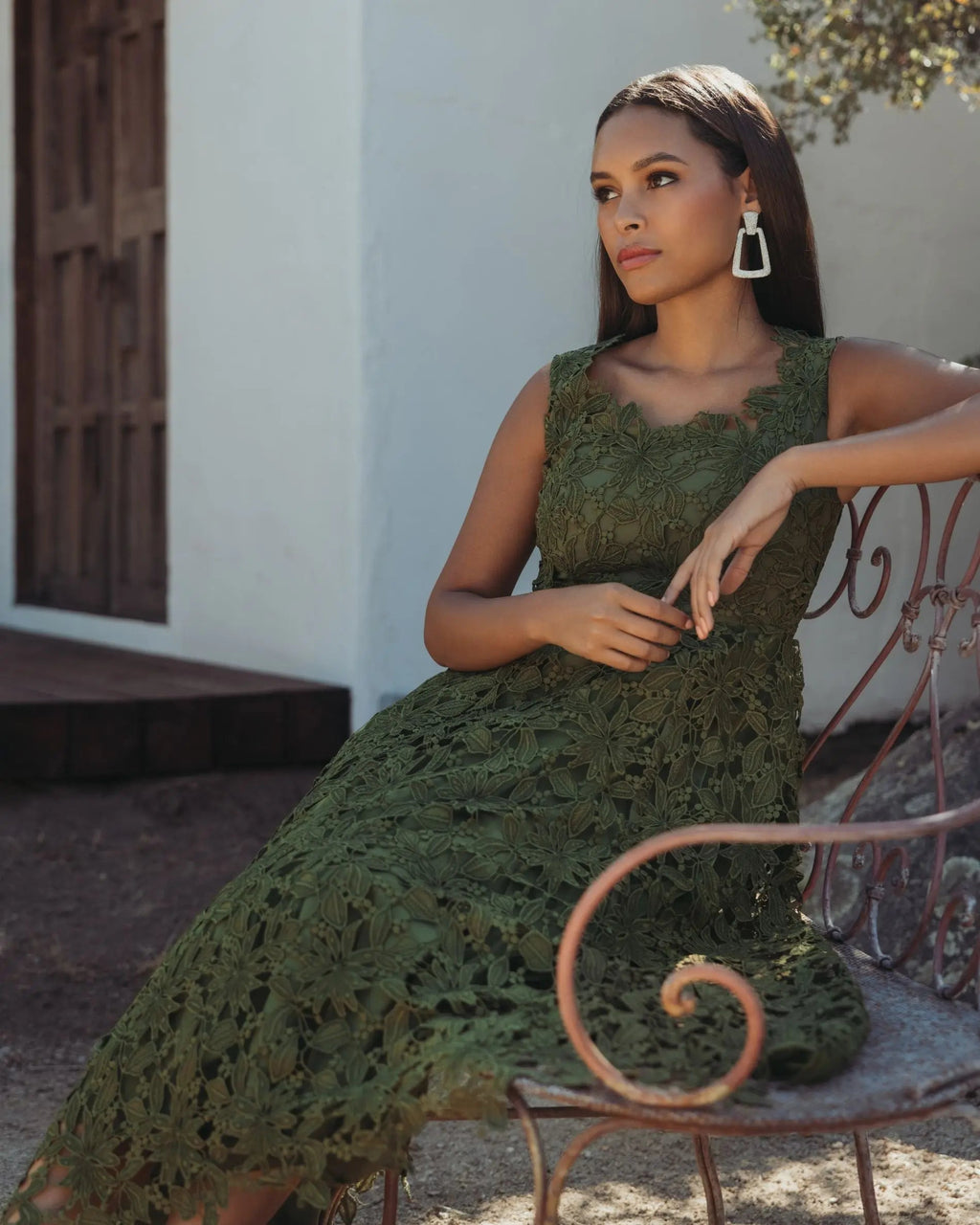 Green Sleeveless Embroidered Lace A Line Midi Dress Designer Collection