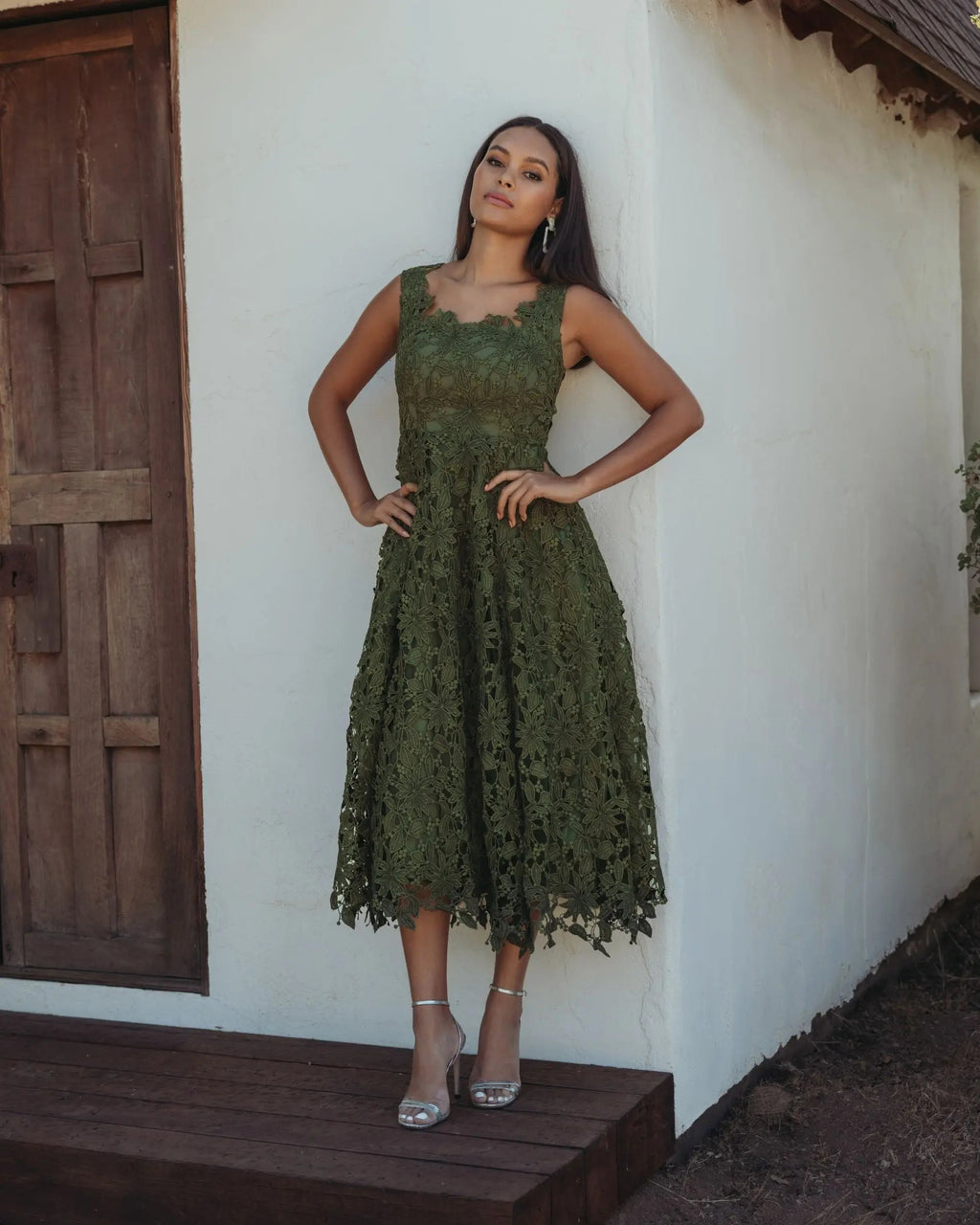 Green Sleeveless Embroidered Lace A Line Midi Dress Designer Collection