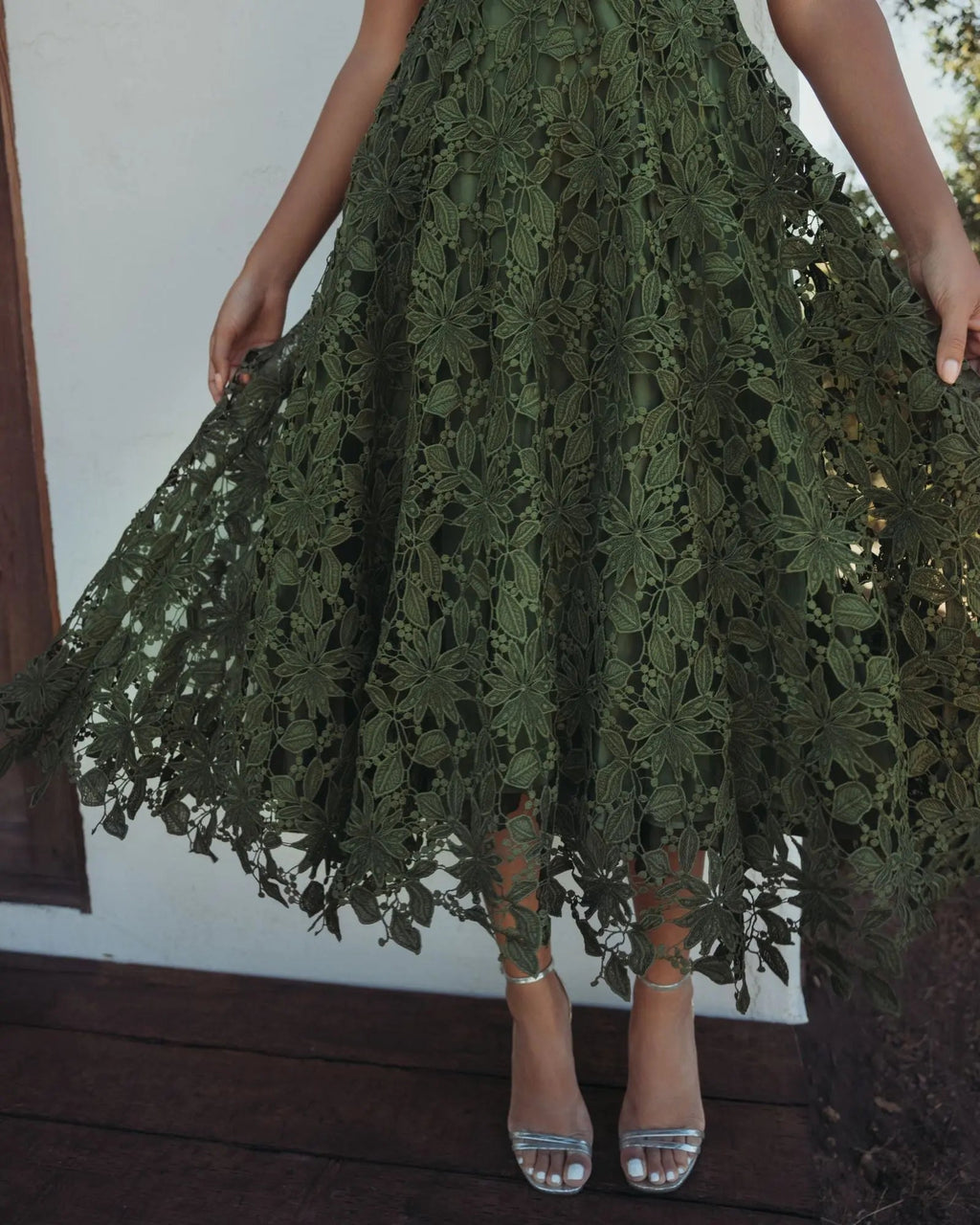 Green Sleeveless Embroidered Lace A Line Midi Dress Designer Collection