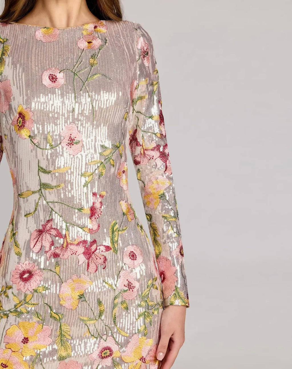 Silver Long Sleeve Floral Embroidered Sequin Mini Dress - Designer Collection