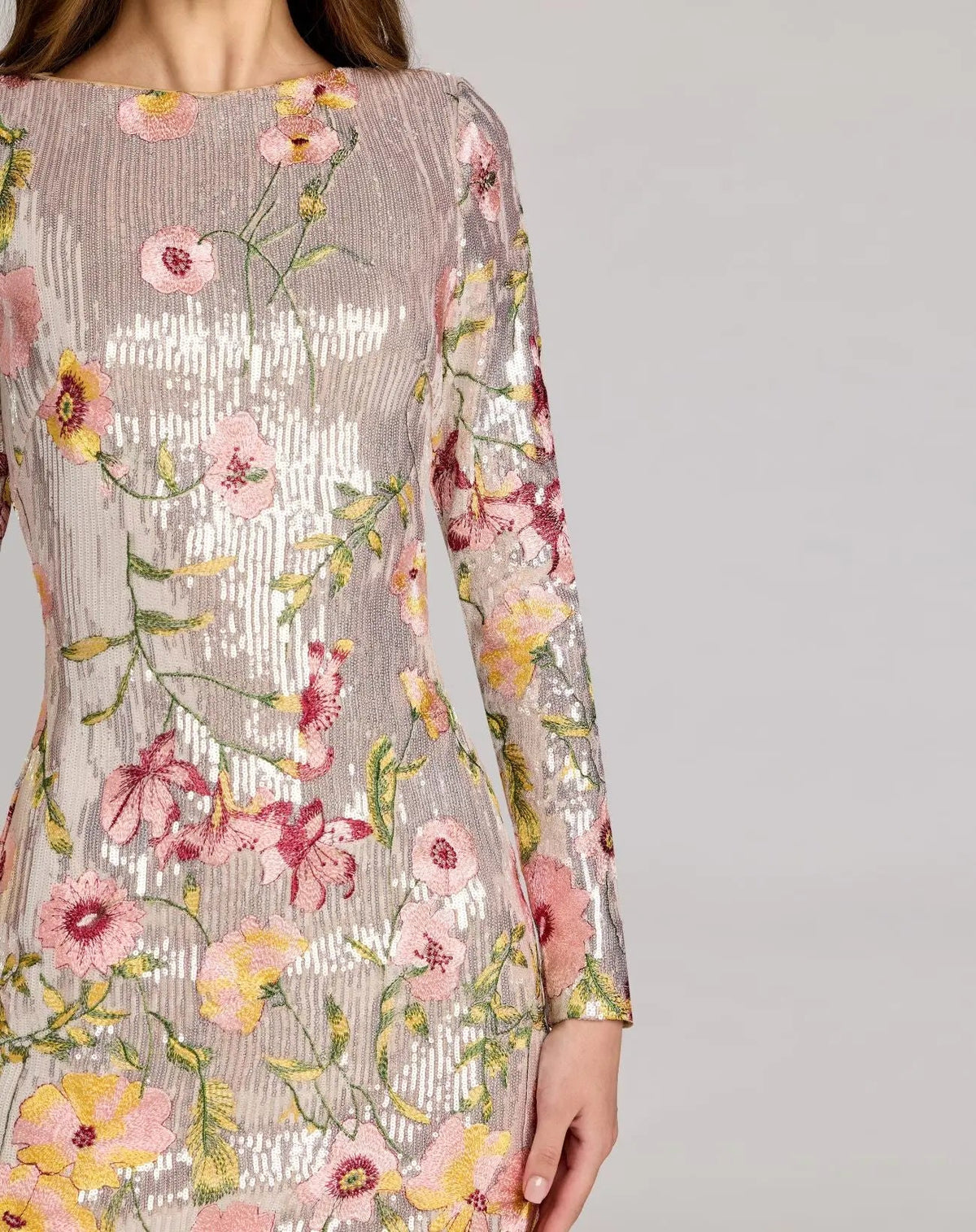 Silver Long Sleeve Floral Embroidered Sequin Mini Dress - Designer Collection