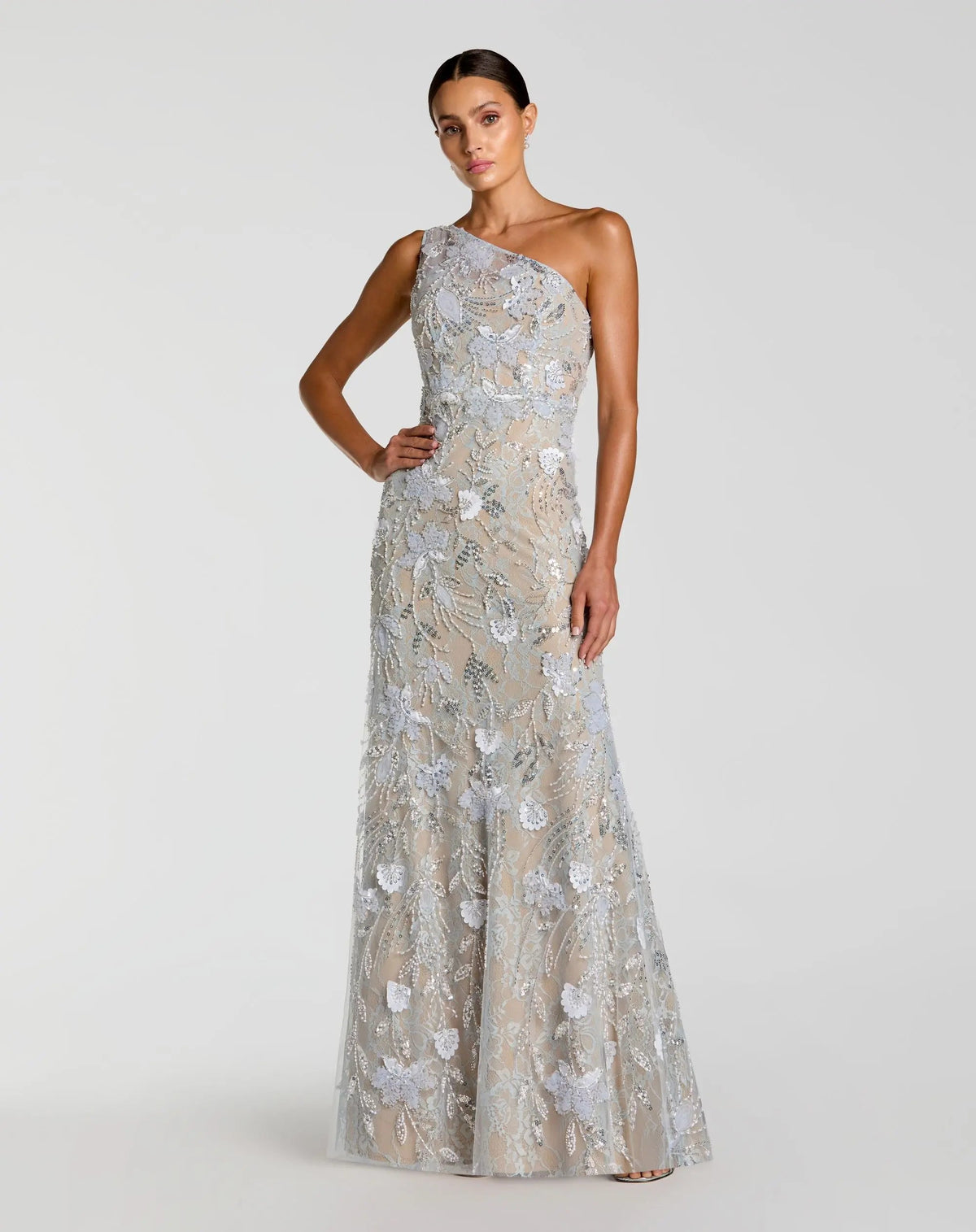 Blue Sleeveless One Shoulder Embellished Lace Gown - Designer Collection