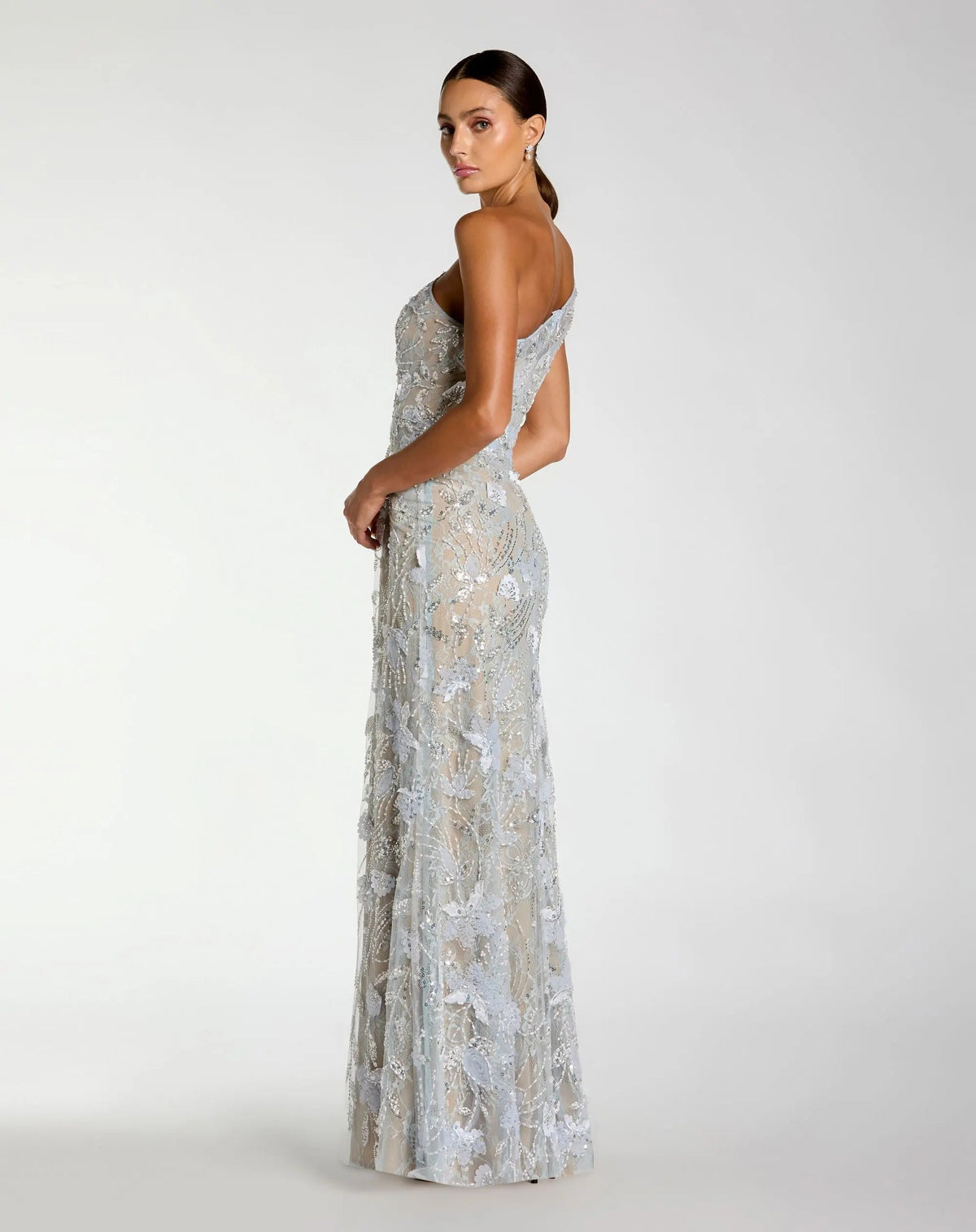 Blue Sleeveless One Shoulder Embellished Lace Gown - Designer Collection
