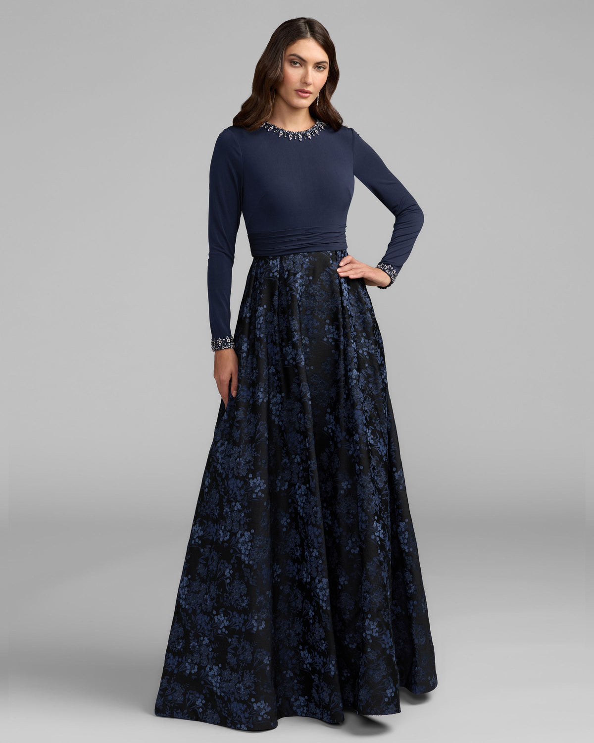 Navy Floral Brocade A-Line Gown With Pockets Designer Collection